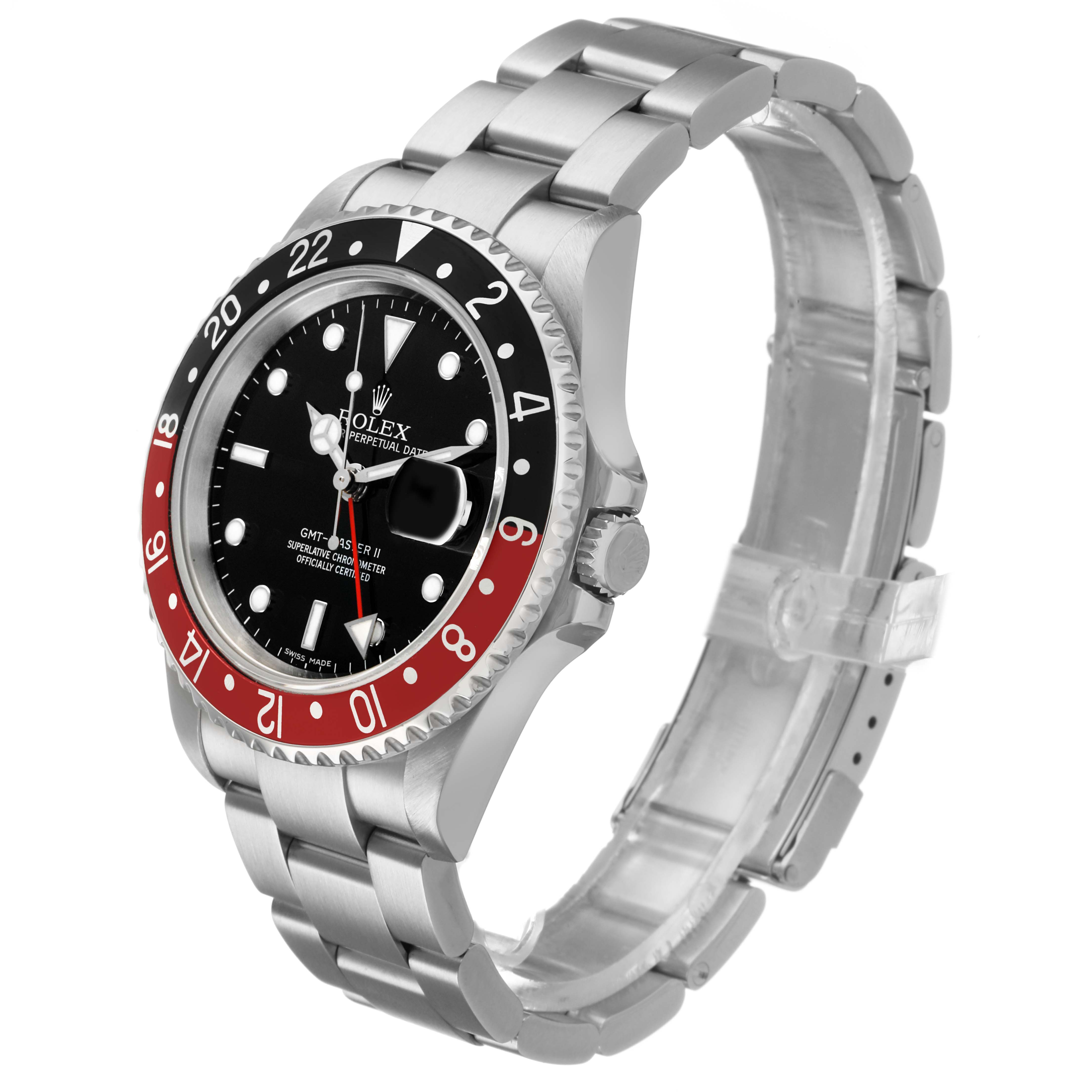 The Rolex GMT-Master 16710 Men's Stainless Steel Black Dial watch is shown from an angled side view, displaying the face, bezel, crown, and bracelet.