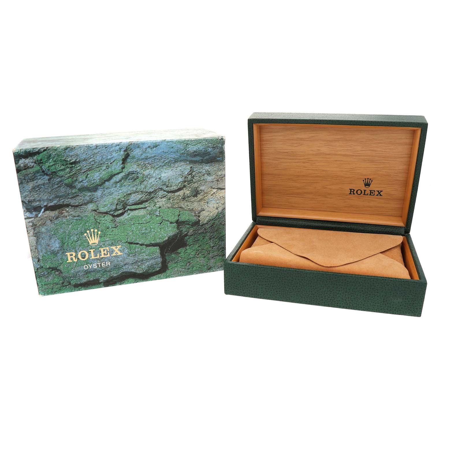 The image shows an open Rolex GMT-Master 16710 Men's Stainless Steel Black Dial watch box and outer packaging from a front angle.