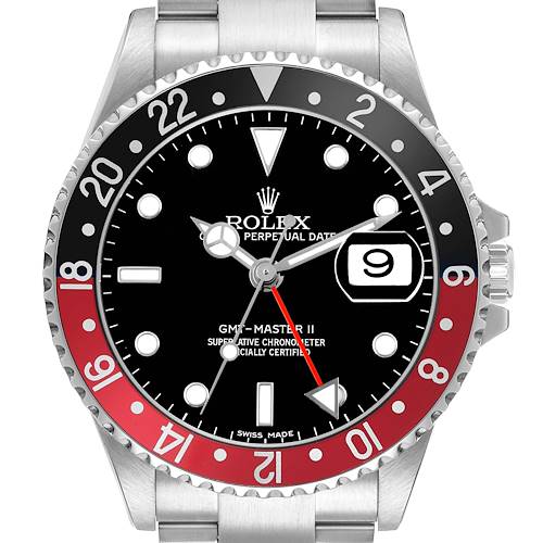 The image shows a front view of the Rolex GMT-Master 16710 Men's Stainless Steel Black Dial II watch, highlighting the dial, bezel, and bracelet.