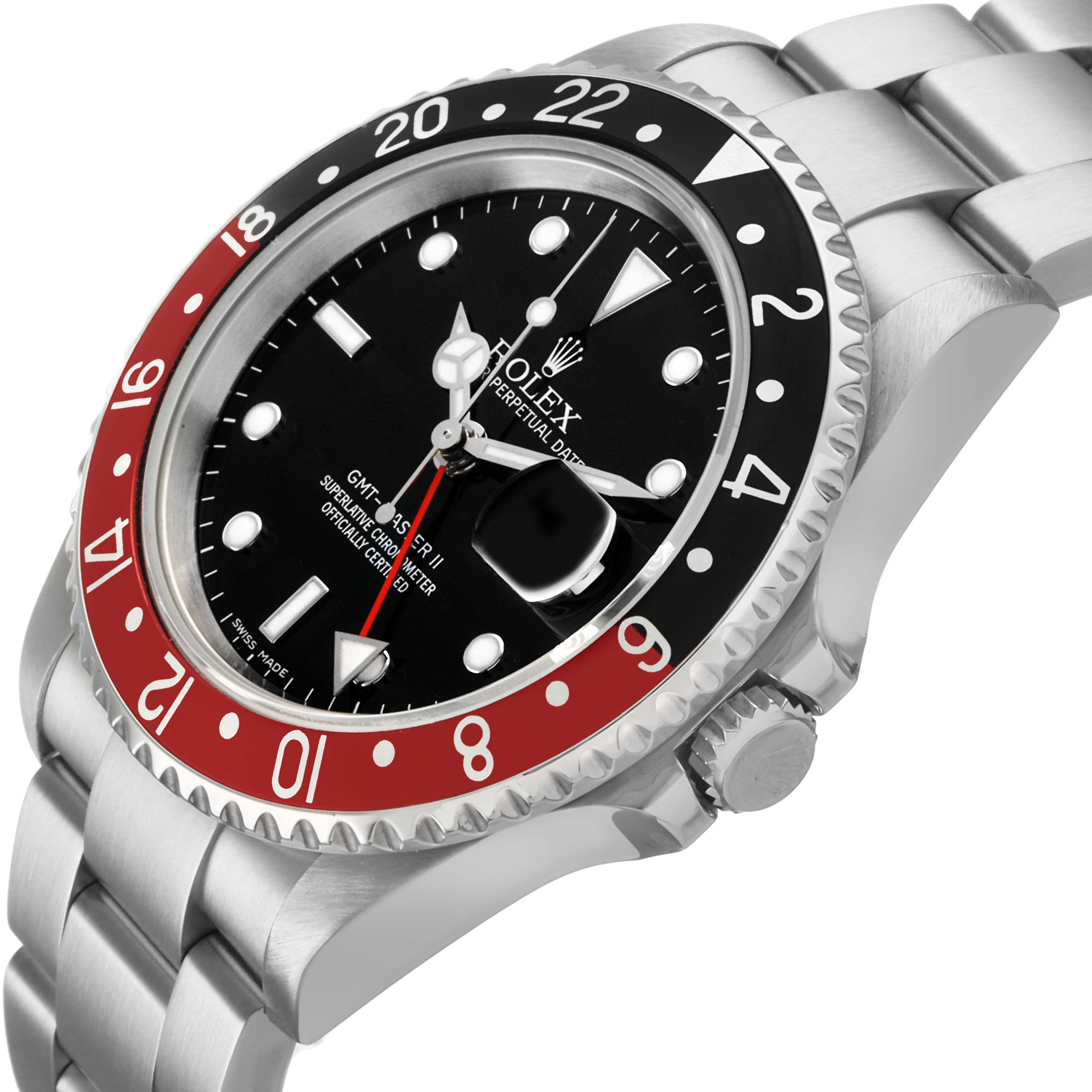 The Rolex GMT-Master 16710 Men's Stainless Steel Black Dial model is shown at a slight side angle, displaying the bezel, dial, and part of the bracelet.