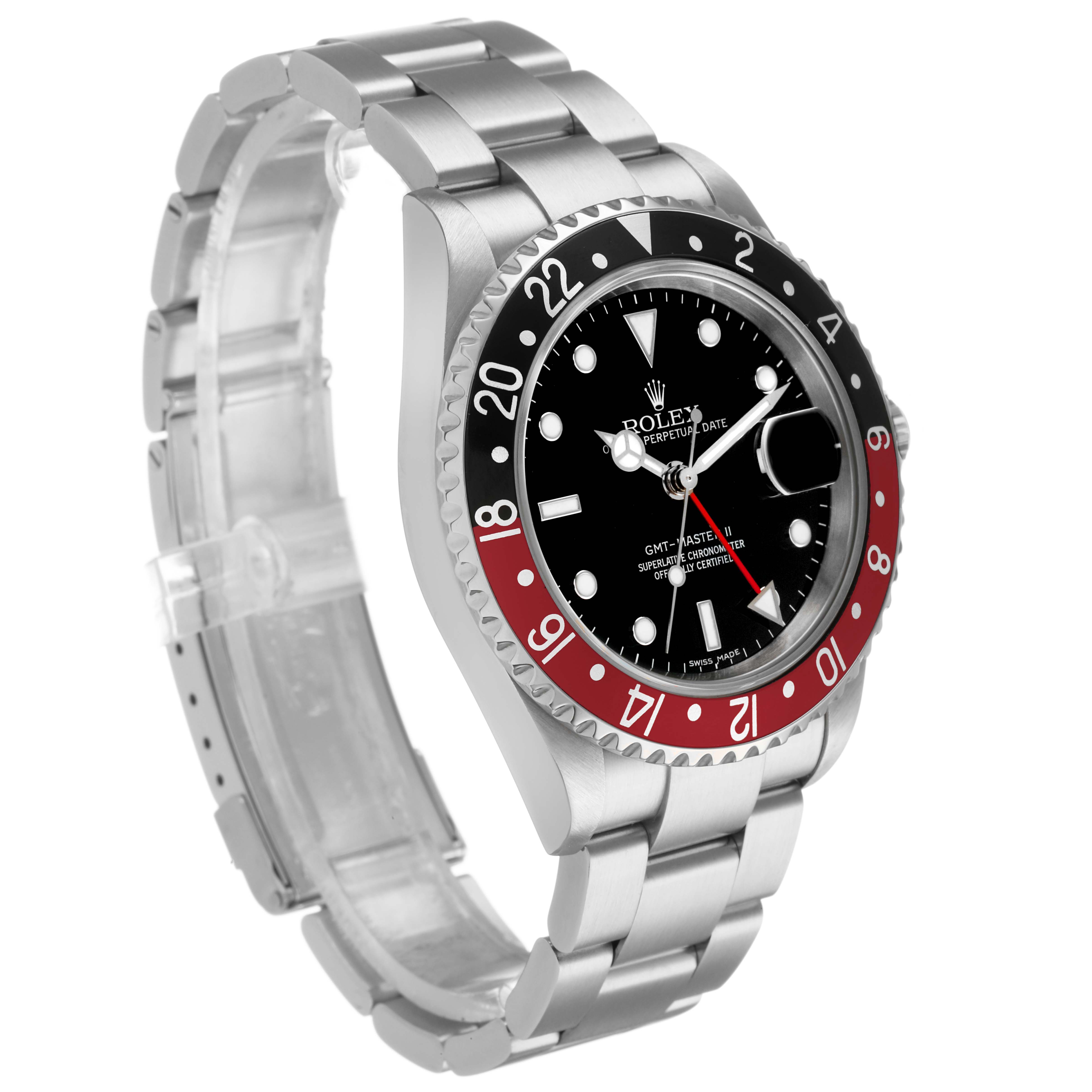 The Rolex GMT-Master 16710 Men's Stainless Steel Black Dial watch is shown at a three-quarter angle, displaying the bezel, dial, and bracelet.