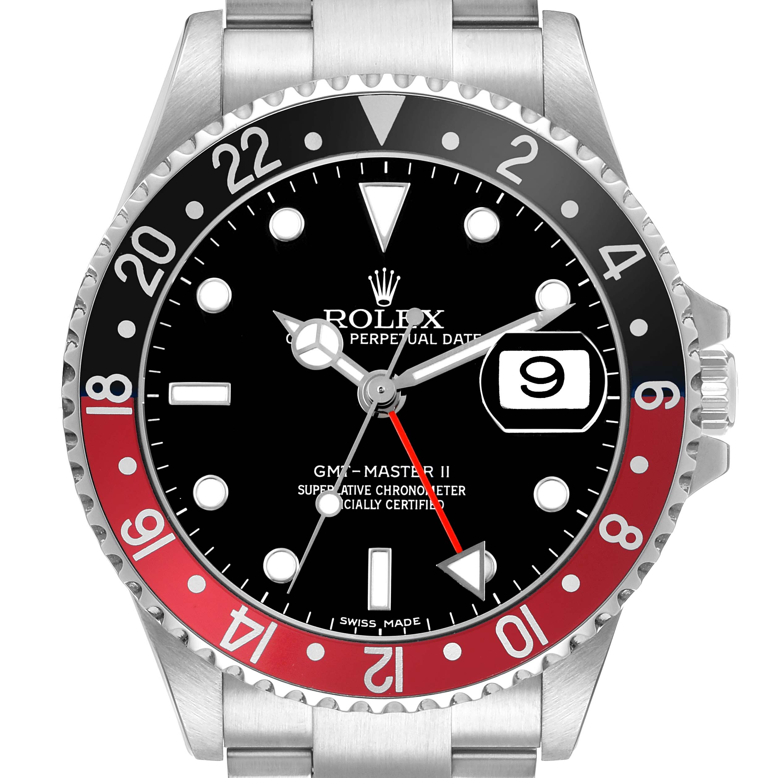 The image shows a front view of a Rolex GMT-Master 16710 Men's Stainless Steel Black Dial II, highlighting the bezel, dial, hands, and date window.