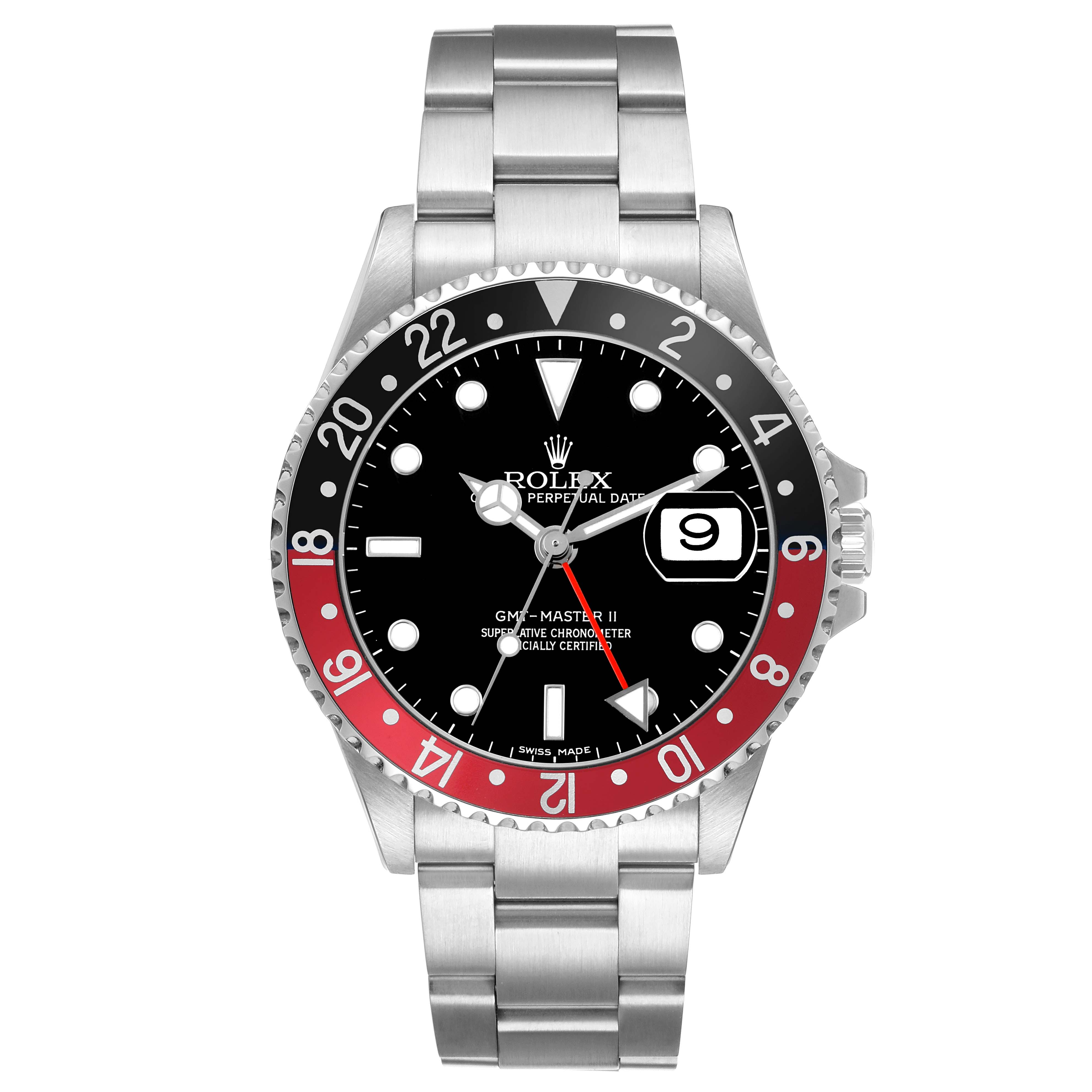 The Rolex GMT-Master 16710 Men's Stainless Steel Black Dial watch is shown from a front angle, displaying the face, bezel, and part of the bracelet.