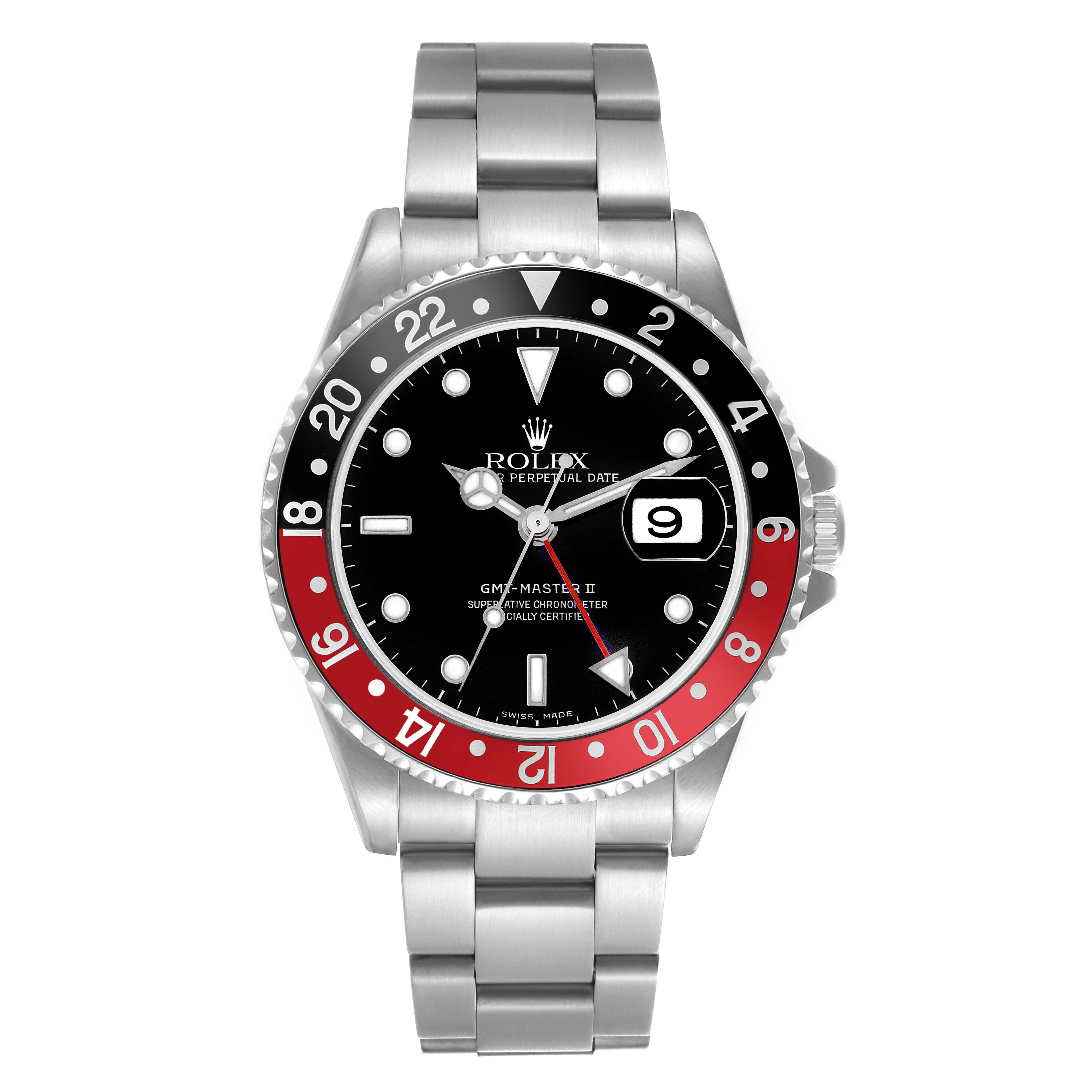 The Rolex GMT-Master 16710 Men's Stainless Steel Black Dial 16710 Men's Stainless Steel Black Dial watch is shown from a straight-on view, displaying the bezel, dial, bracelet, and crown.
