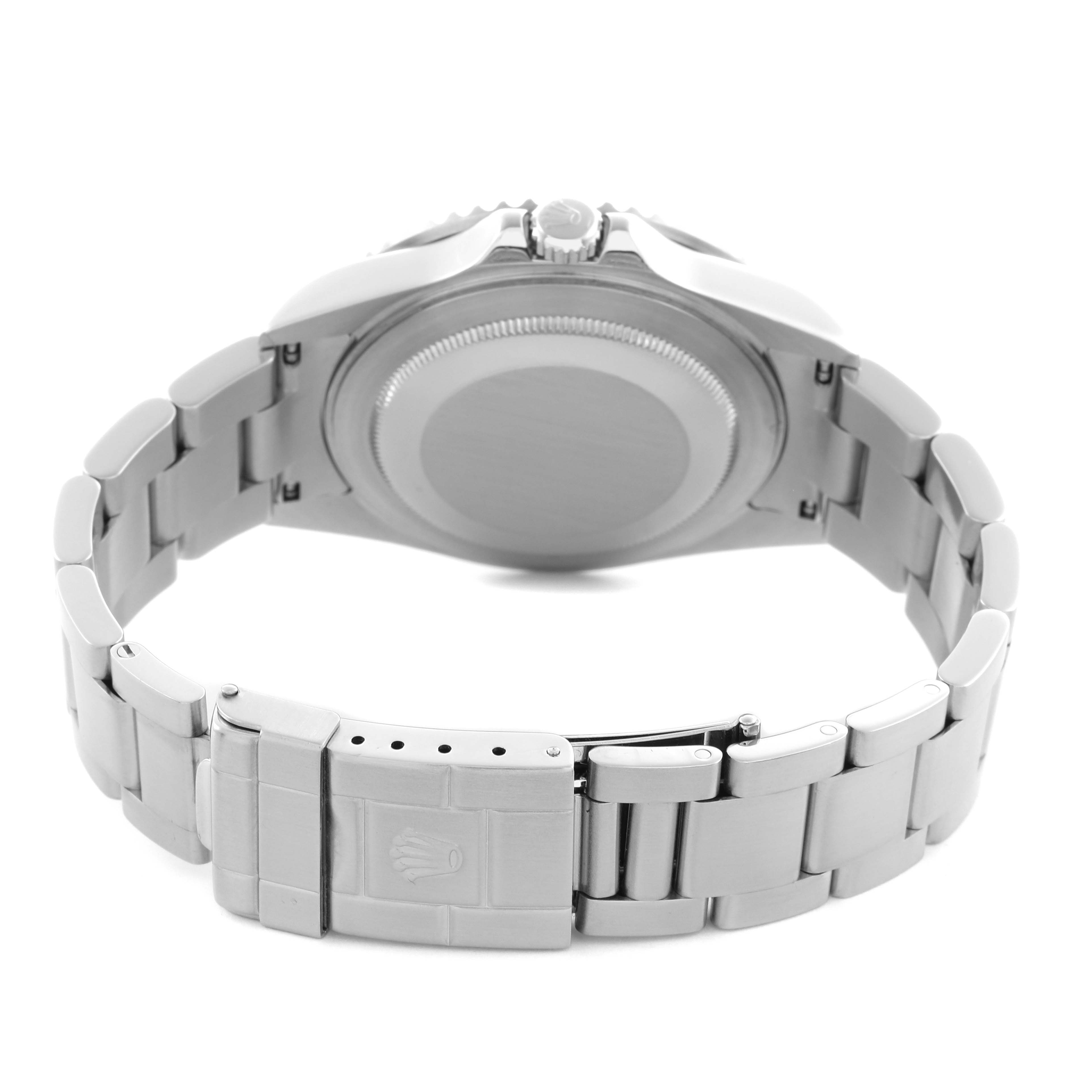 The image shows the back and bracelet of a Rolex GMT-Master 16710 Men's Stainless Steel Black Dial 16710 Men's Stainless Steel Black Dial, focusing on the clasp and case back from a rear angle.