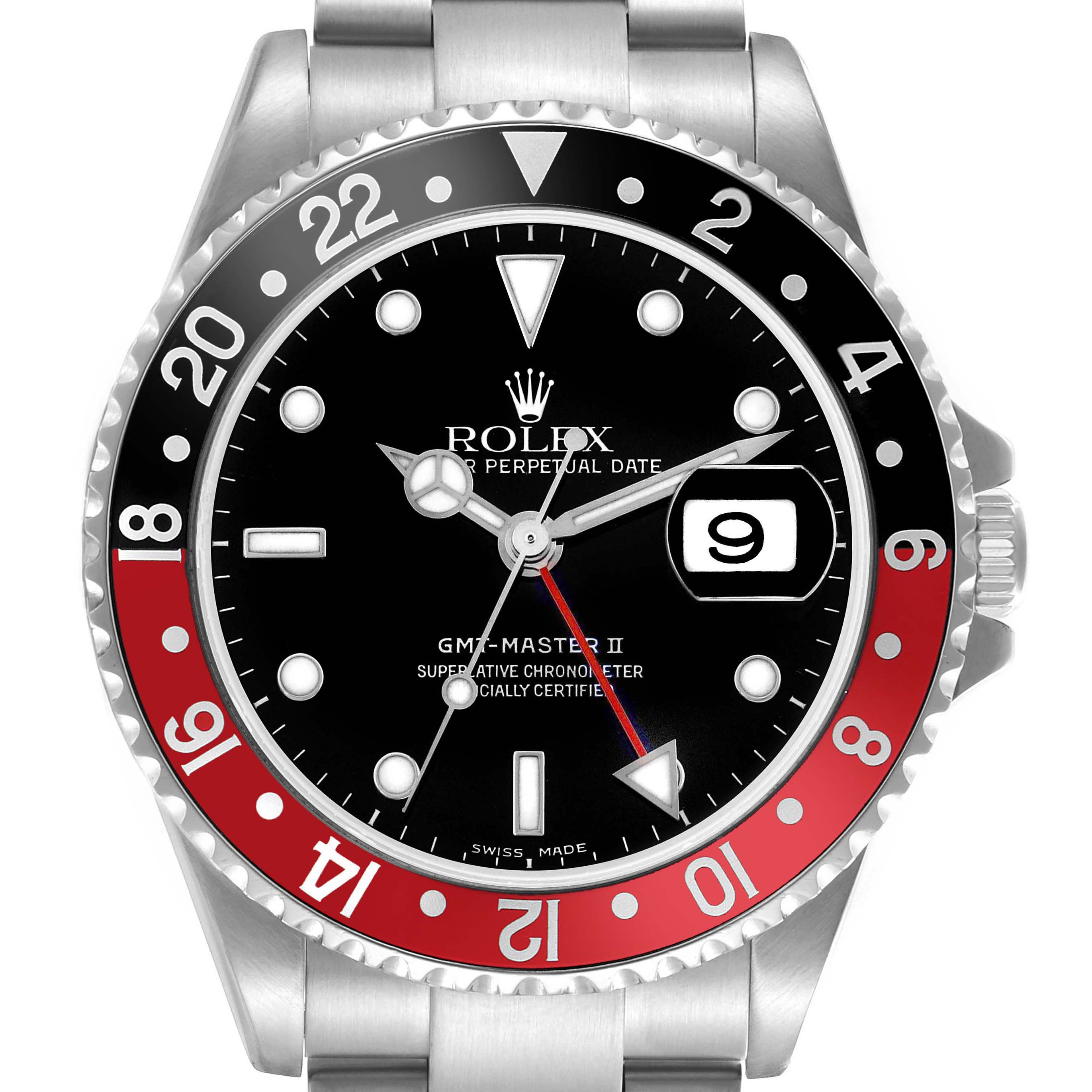 The Rolex GMT-Master 16710 Men's Stainless Steel Black Dial 16710 Men's Stainless Steel Black Dial II watch is shown from a front angle, displaying its black and red bezel, dial, and date magnifier.