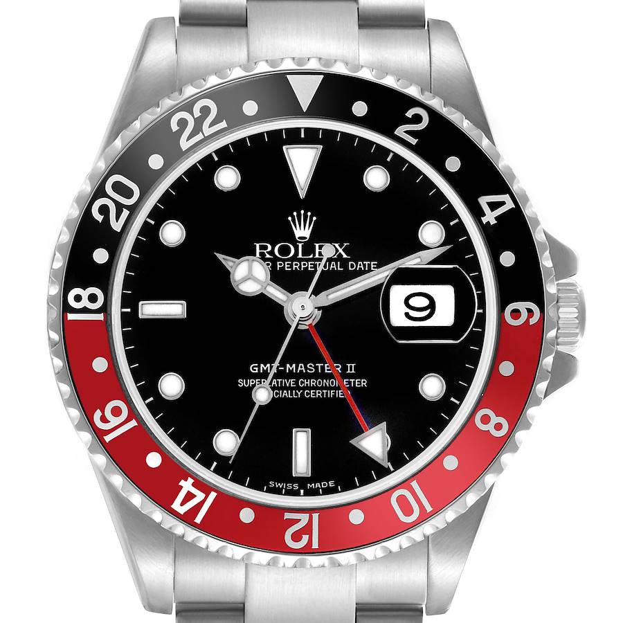 The Rolex GMT-Master II watch is shown from a front angle, displaying its black and red bezel, dial, and date magnifier.
