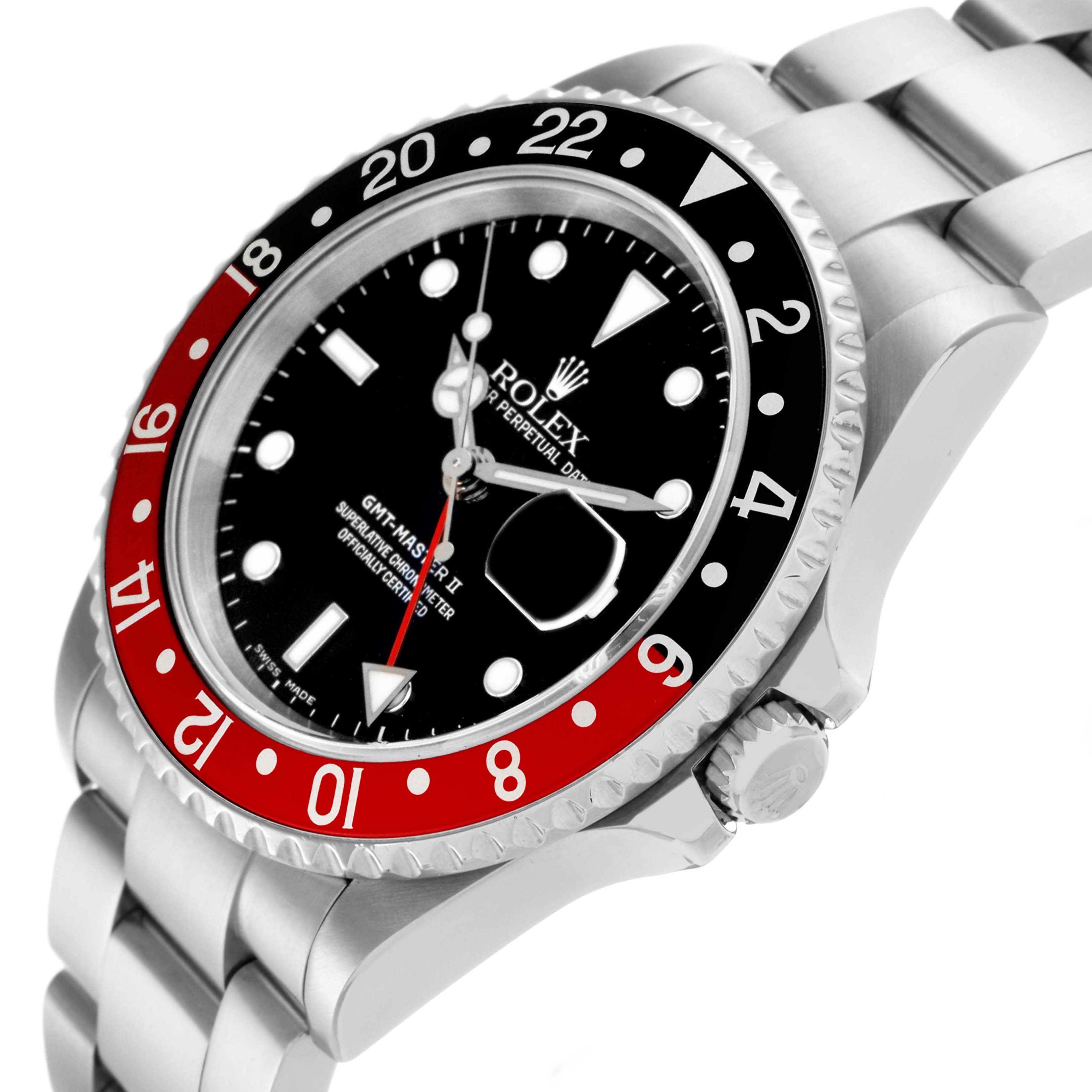 The image shows a Rolex GMT-Master 16710 Men's Stainless Steel Black Dial 16710 Men's Stainless Steel Black Dial model at an angled side view, highlighting the bezel, face, bracelet, and crown.