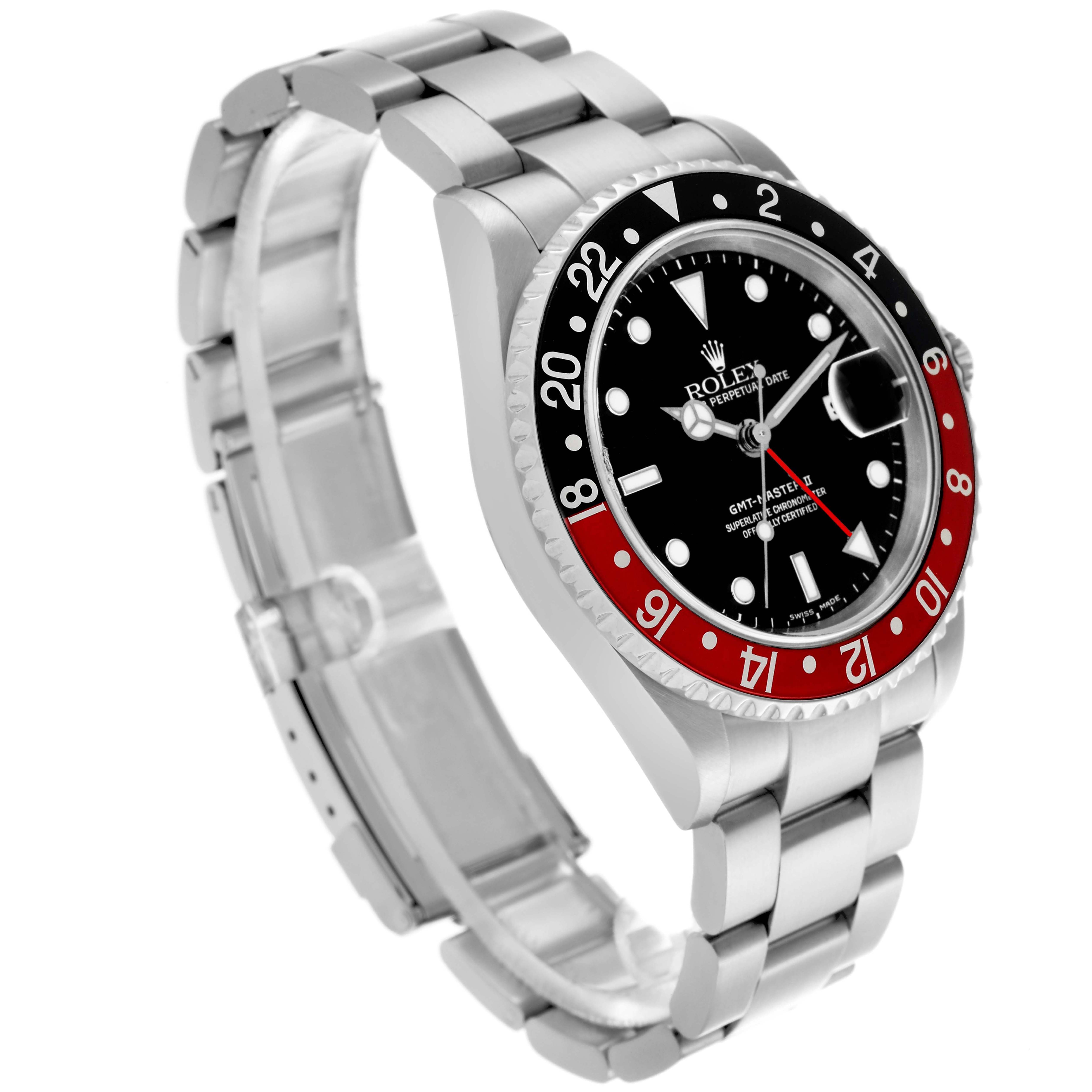 The Rolex GMT-Master 16710 Men's Stainless Steel Black Dial 16710 Men's Stainless Steel Black Dial watch is shown at an angled side view highlighting the case, bezel, dial, and bracelet.