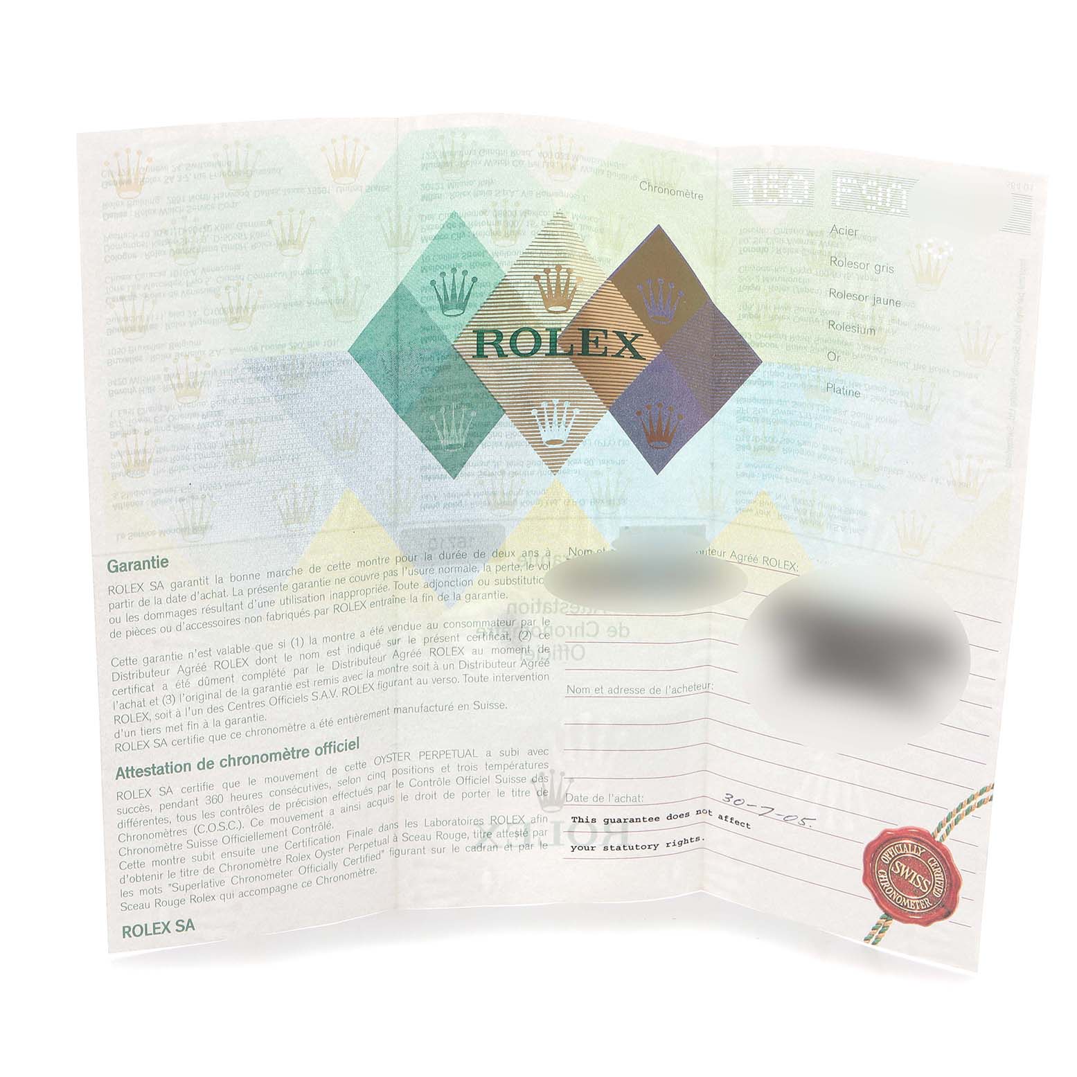 The image shows a Rolex GMT-Master 16710 Men's Stainless Steel Black Dial 16710 Men's Stainless Steel Black Dial warranty certificate with text and a seal.