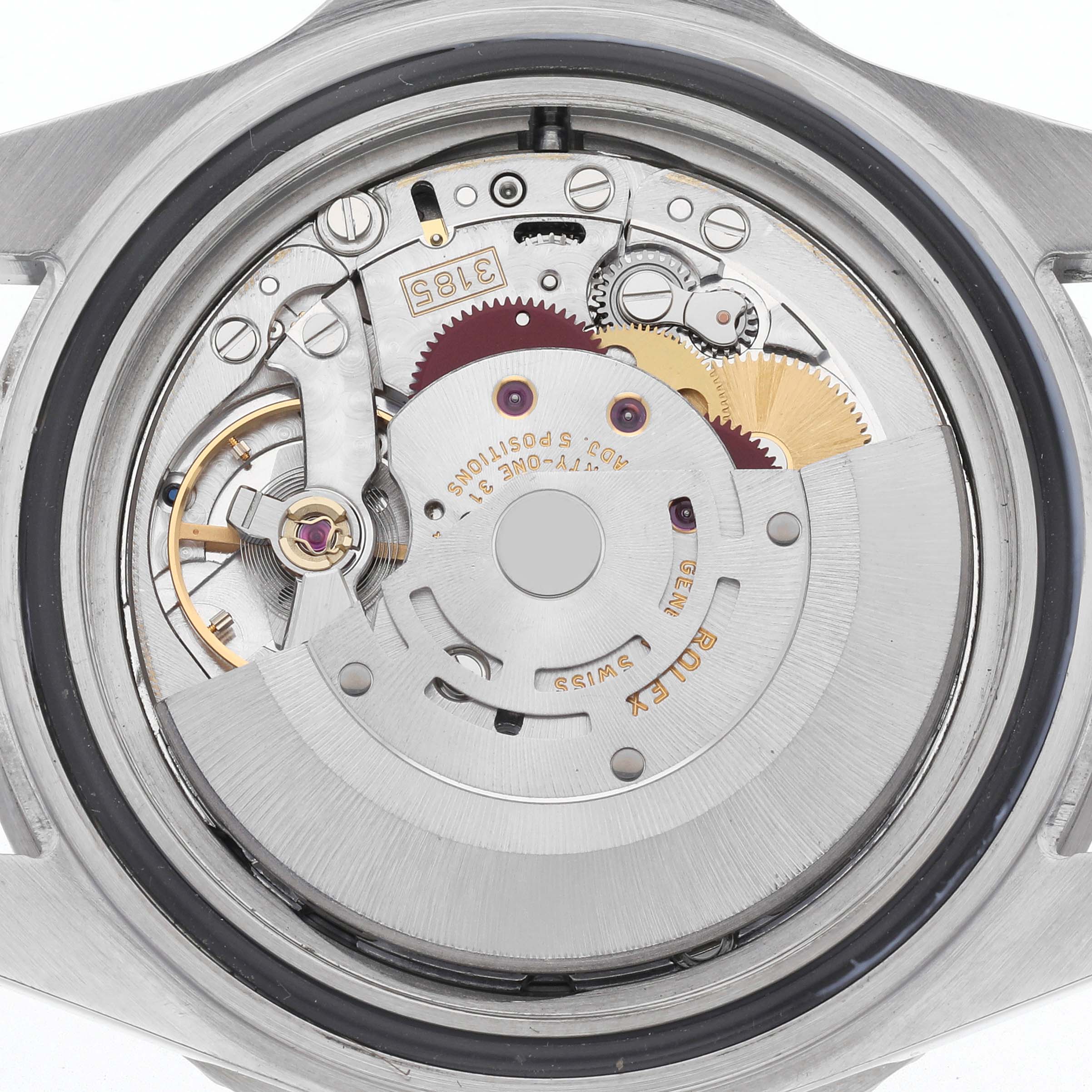 The image shows the internal movement of a Rolex GMT-Master 16710 Men's Stainless Steel Black Dial 16710 Men's Stainless Steel Black Dial watch viewed from the back, highlighting gears and components.