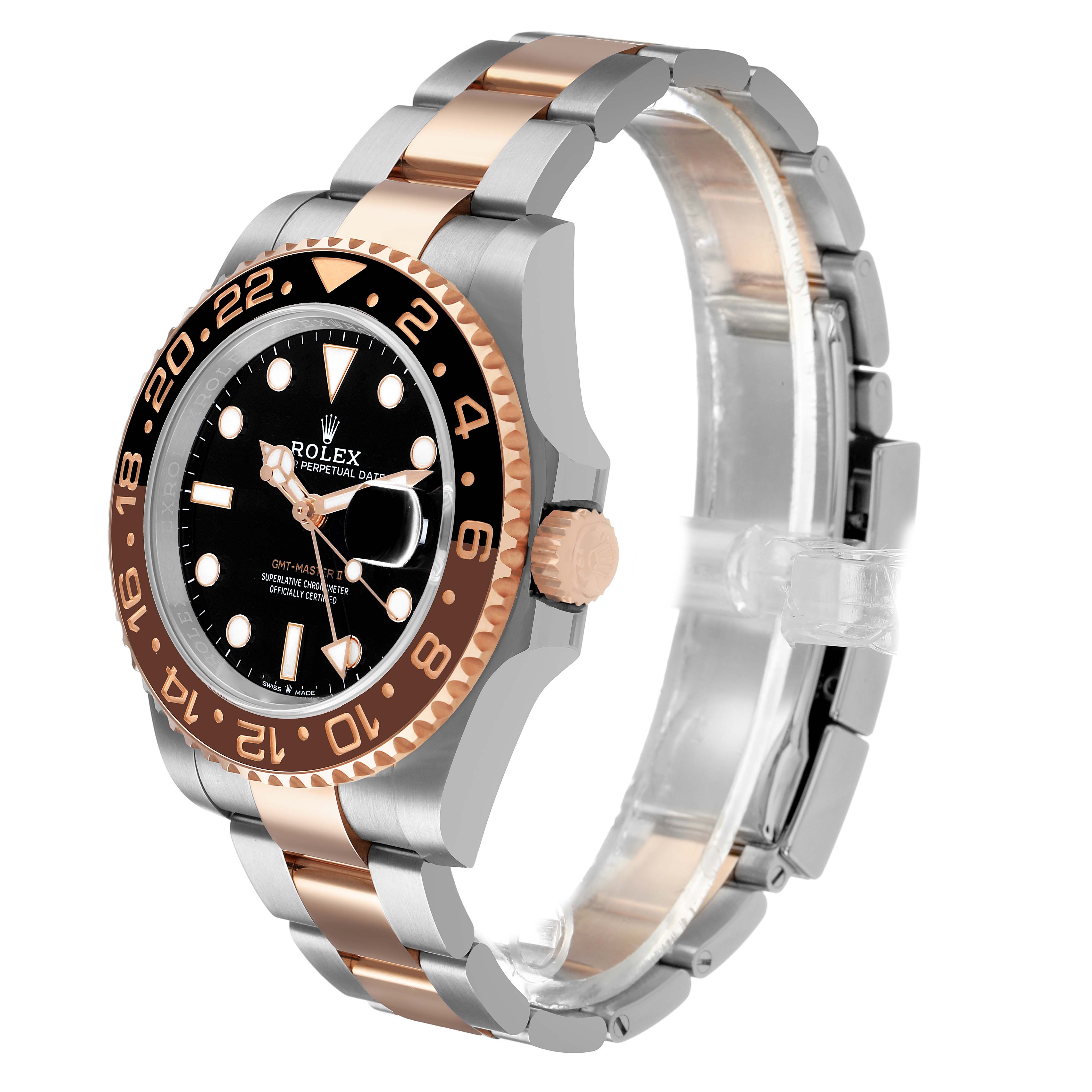 The Rolex GMT-Master 126711CHNR Men's Steel and Gold (two tone) Black Dial is shown at a three-quarter angle, highlighting the bezel, dial, and bracelet.