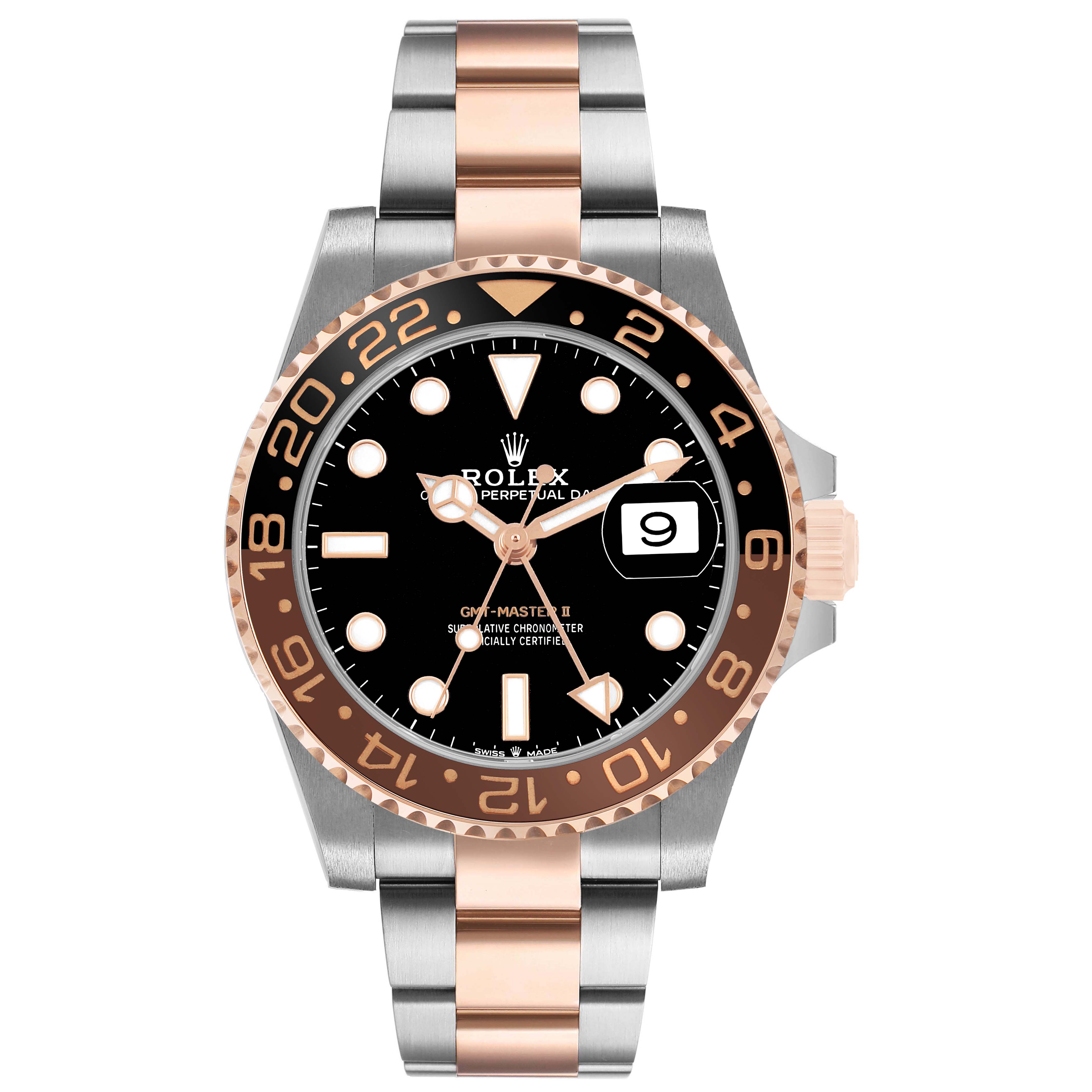 The Rolex GMT-Master 126711CHNR Men's Steel and Gold (two tone) Black Dial watch is shown from the front, highlighting its dial, bezel, case, and two-tone bracelet.