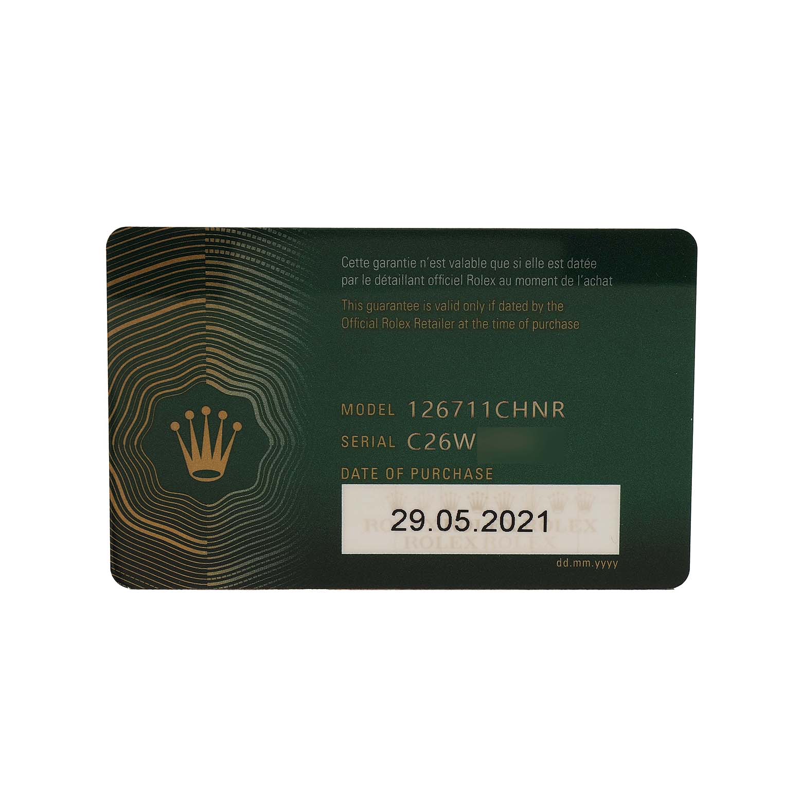 This image shows a warranty card for the Rolex GMT-Master 126711CHNR Men's Steel and Gold (two tone) Black Dial model 126711CHNR, featuring model, serial, and purchase date details.