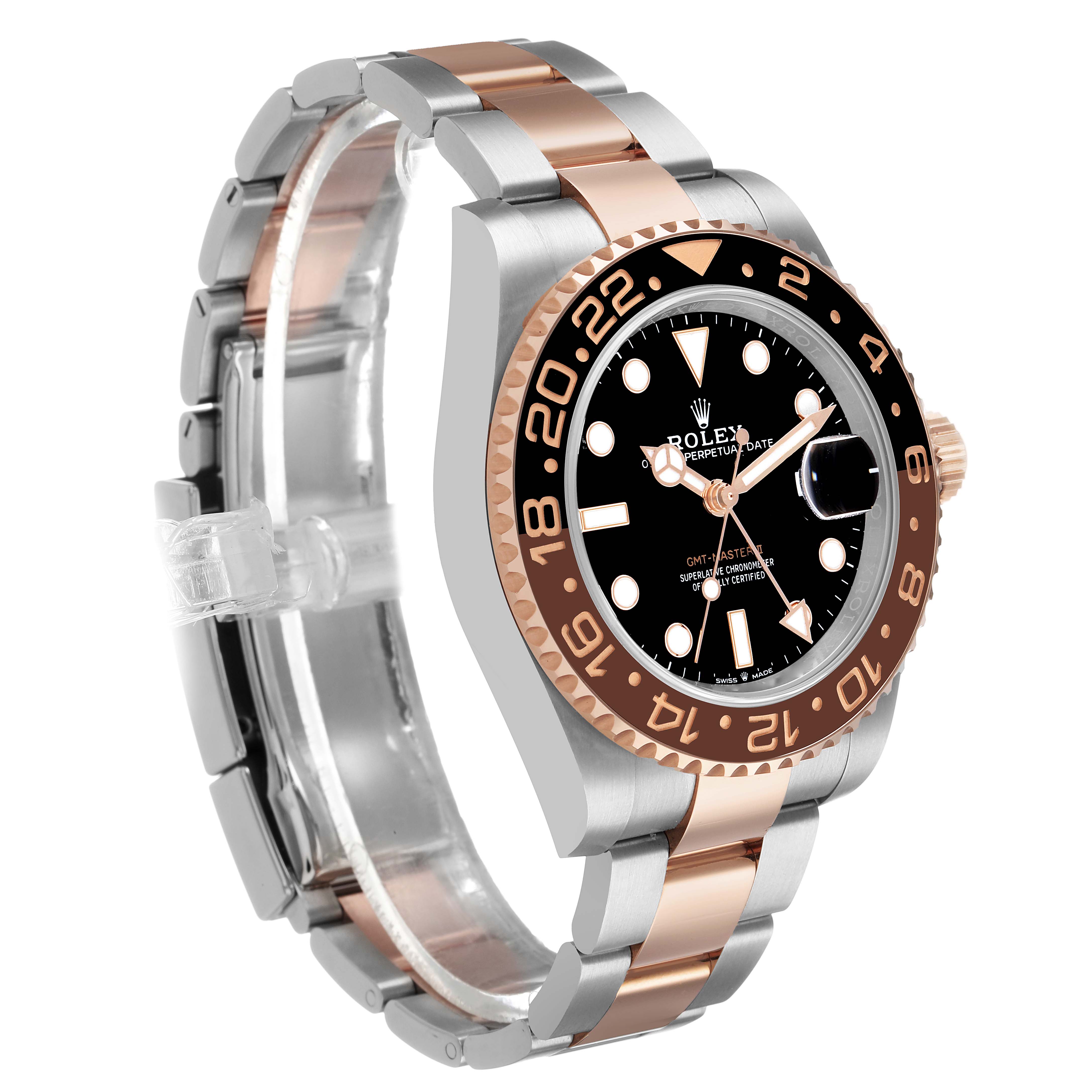 The Rolex GMT-Master 126711CHNR Men's Steel and Gold (two tone) Black Dial watch is shown at an angle displaying the bezel, dial, and bracelet.