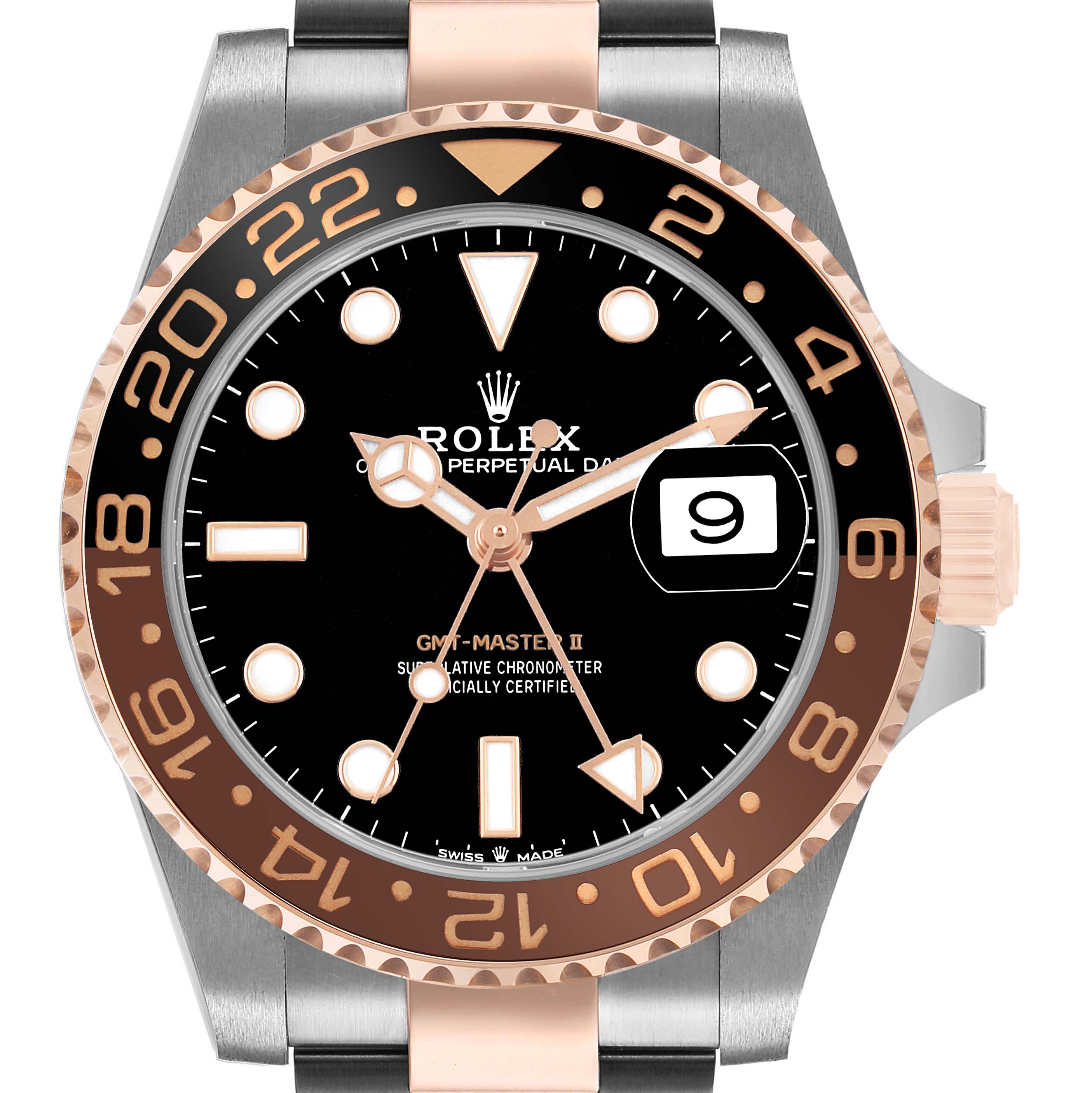 The Rolex GMT-Master 126711CHNR Men's Steel and Gold (two tone) Black Dial watch is shown from a front angle, highlighting the bezel, dial, and crown.