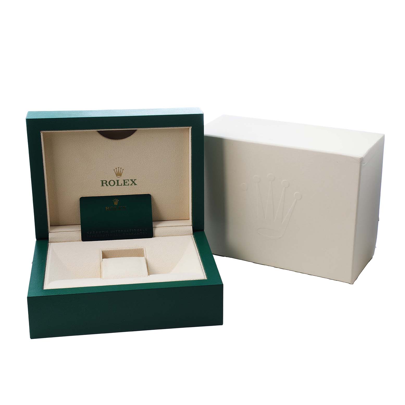 The image shows a Rolex GMT-Master 126711CHNR Men's Steel and Gold (two tone) Black Dial watch box and accessories, including the green box, card holder, and outer sleeve, viewed from the front.