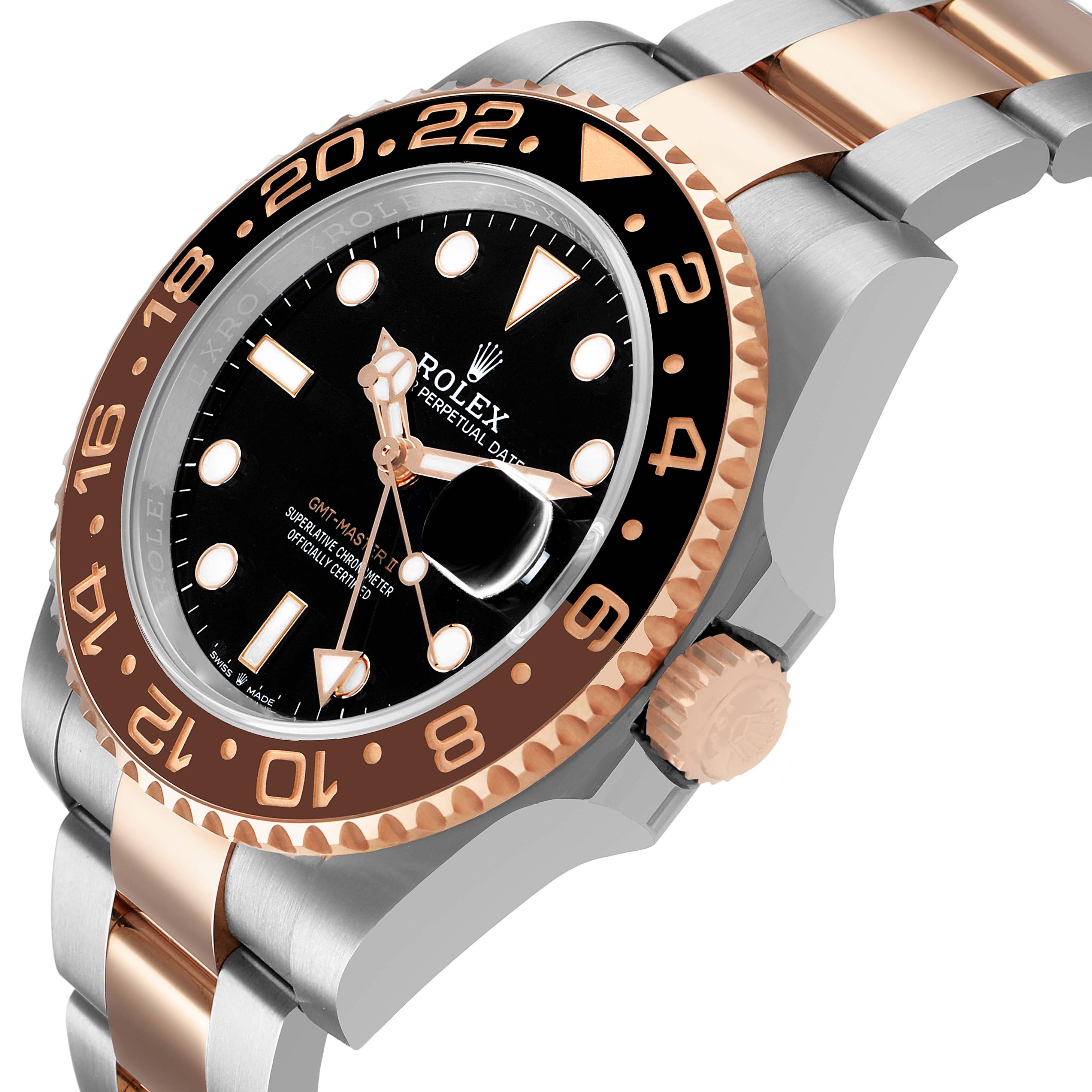 The image showcases a side angle of the Rolex GMT-Master 126711CHNR Men's Steel and Gold (two tone) Black Dial, highlighting its bezel, crown, and bracelet.
