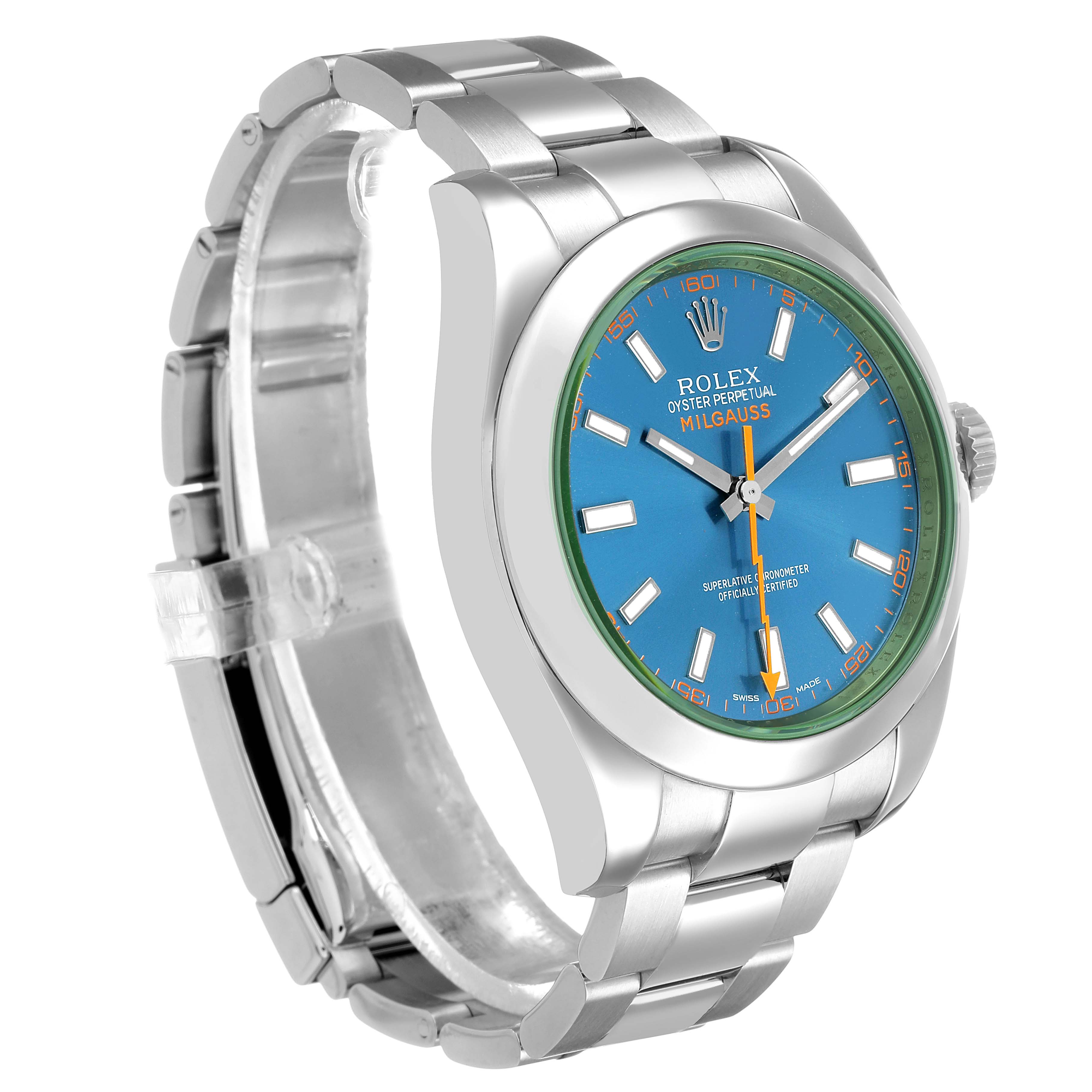 The Rolex Milgauss 116400 Men's Stainless Steel Blue Dial watch is shown at a slight angle, highlighting the blue dial, bezel, and stainless steel bracelet.
