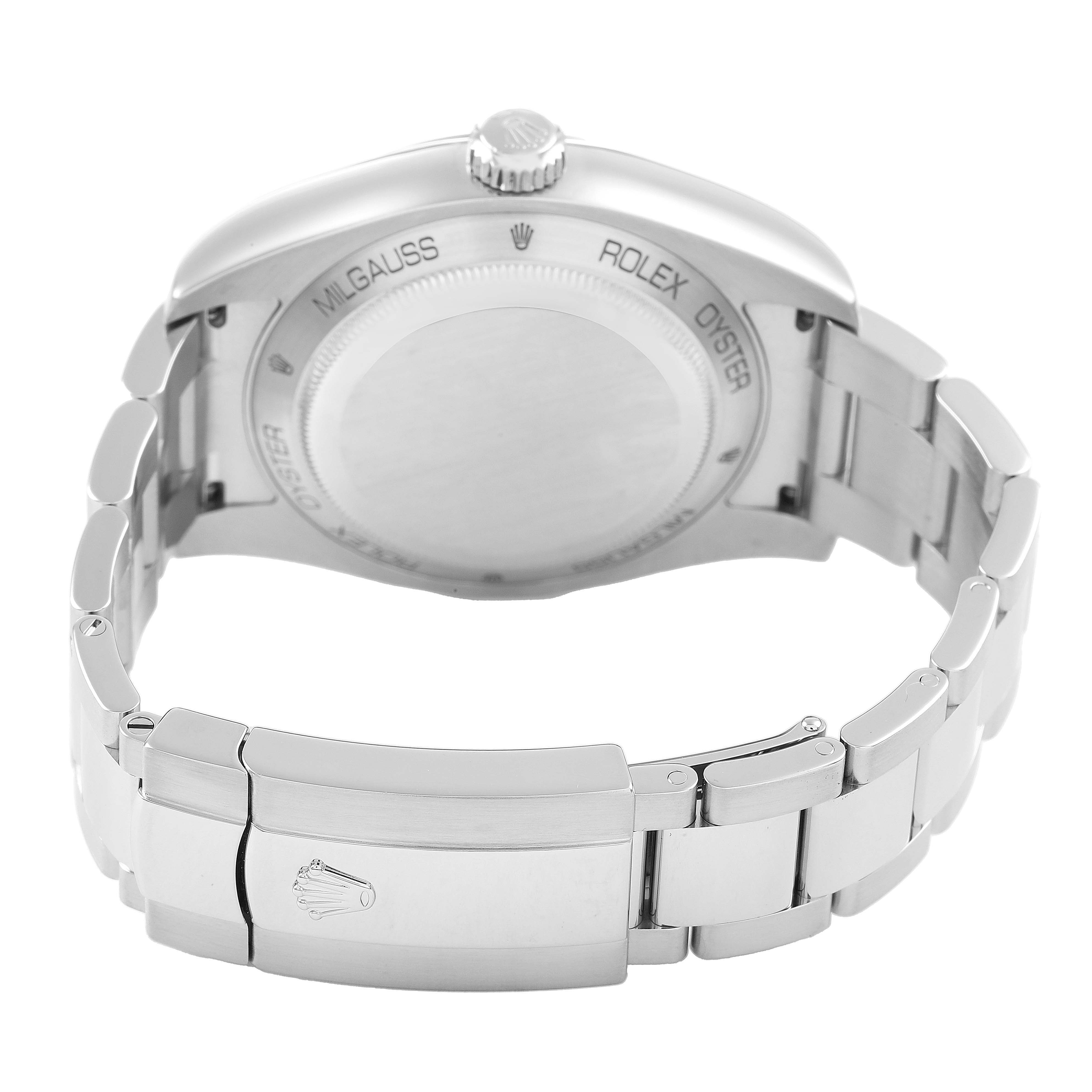 The image shows the back of the Rolex Milgauss 116400 Men's Stainless Steel Blue Dial watch, focusing on the case back and bracelet clasp.
