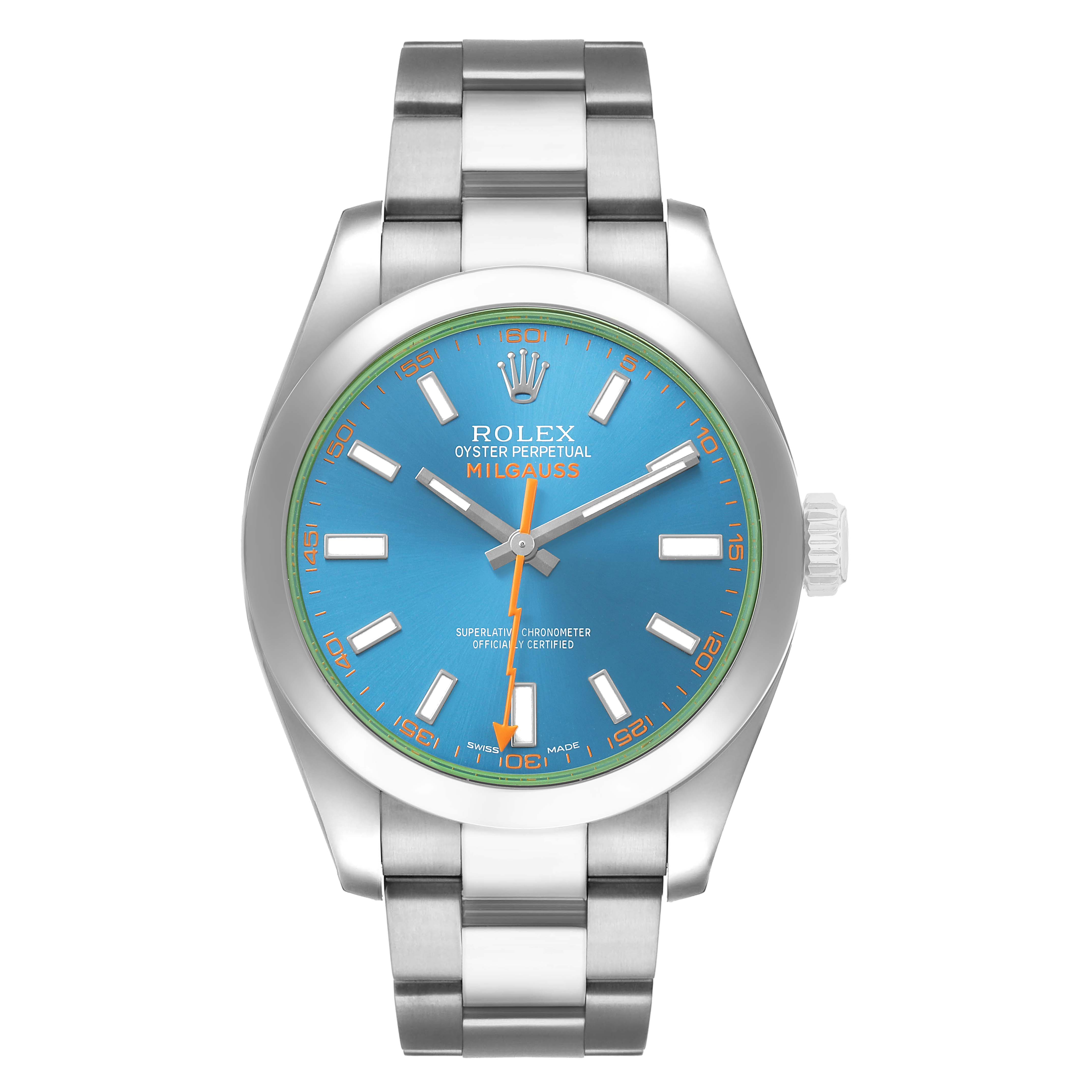 The Rolex Milgauss 116400 Men's Stainless Steel Blue Dial watch is shown from a front angle, highlighting its dial, hands, bezel, and bracelet.