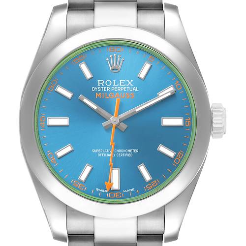 Photo of Rolex Milgauss Steel Green Crystal Blue Dial Mens Watch 116400GV