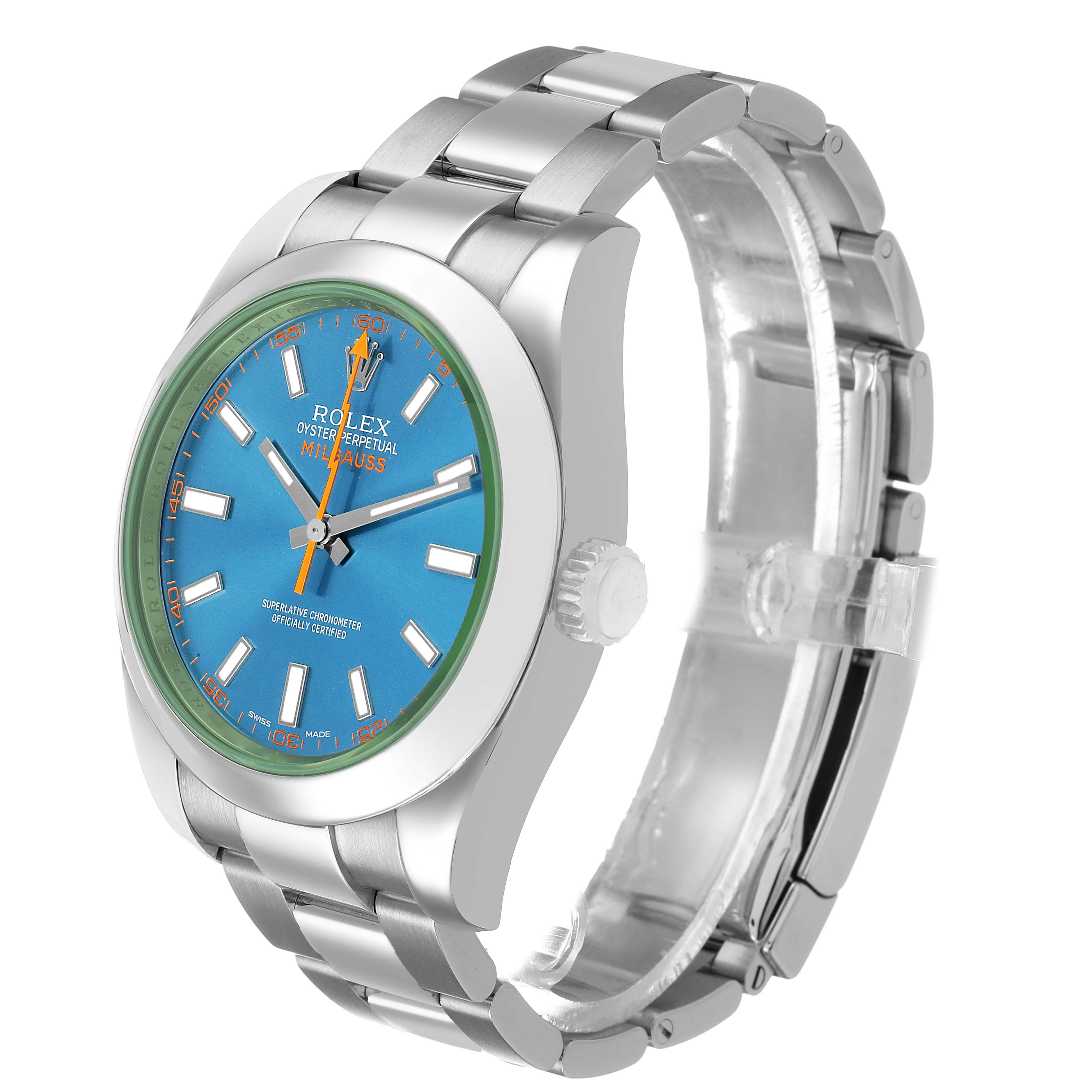 The Rolex Milgauss 116400 Men's Stainless Steel Blue Dial watch is shown from a three-quarter angle, highlighting the dial, bezel, crown, and bracelet.