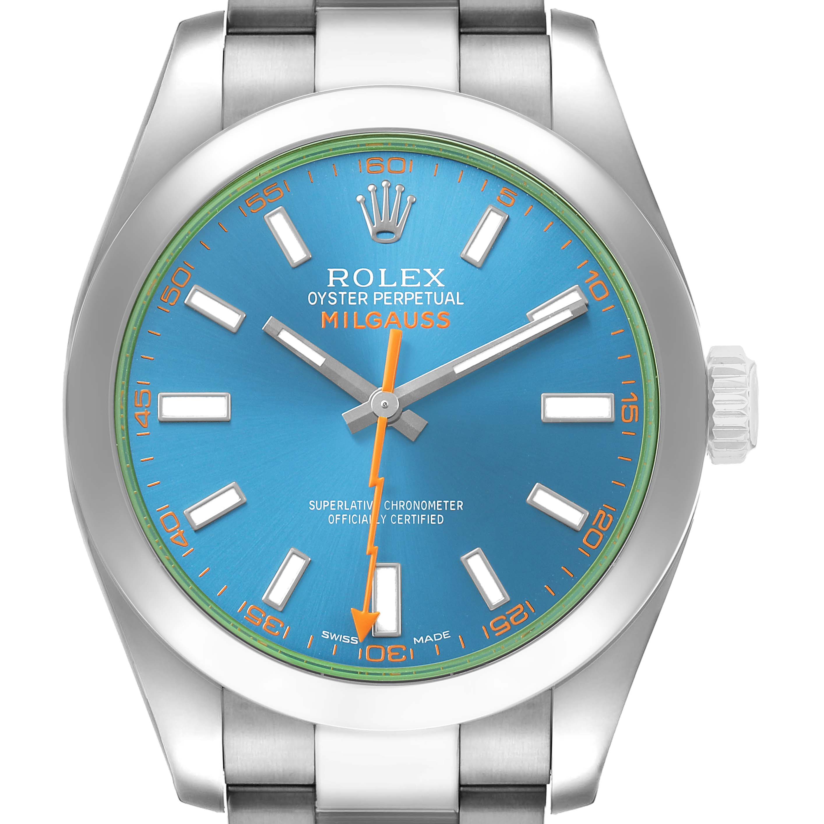 The Rolex Milgauss 116400 Men's Stainless Steel Blue Dial watch is shown from a front angle, featuring its dial, hands, and bracelet.