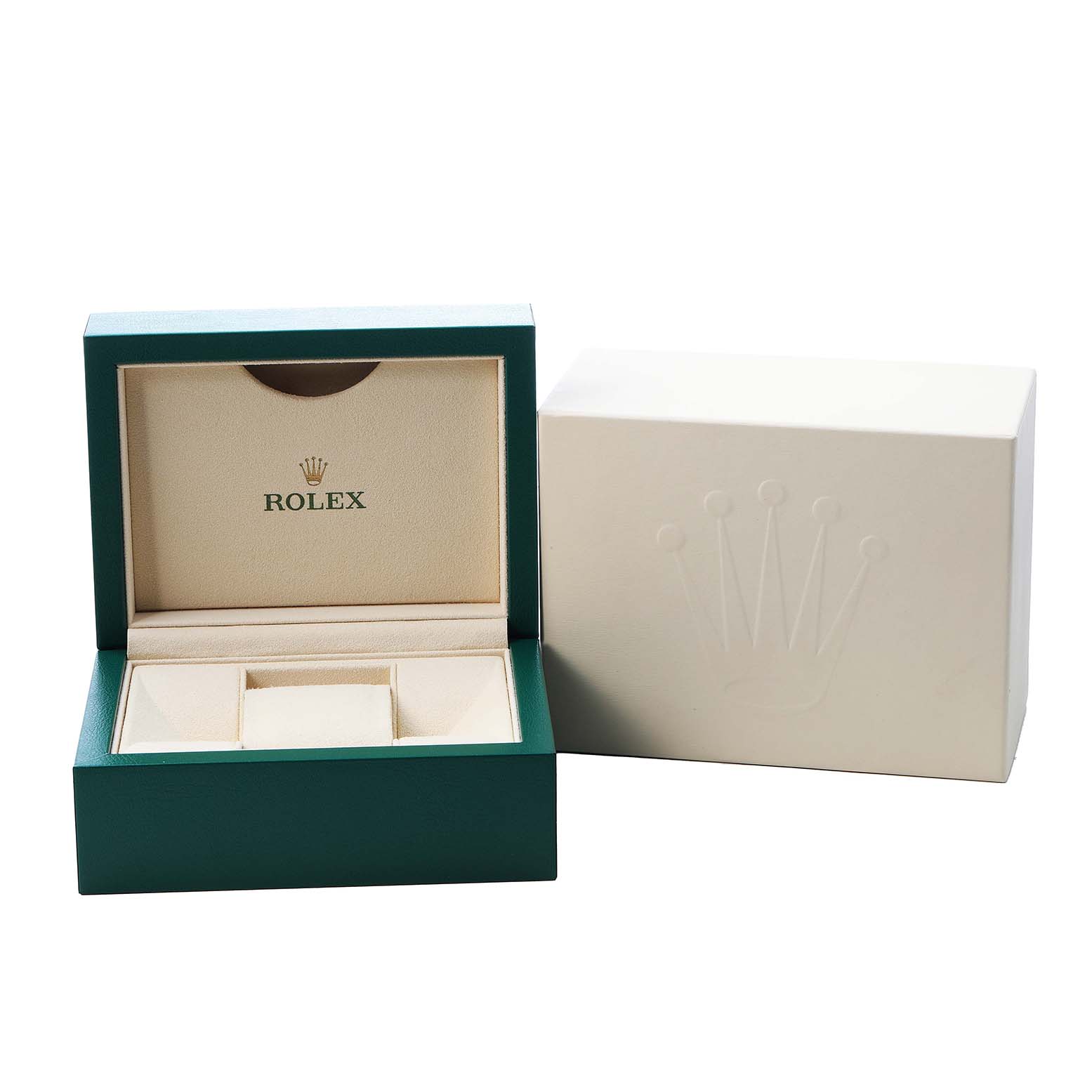 The image shows an open green Rolex watch box for the Milgauss model next to its outer cream-colored box.