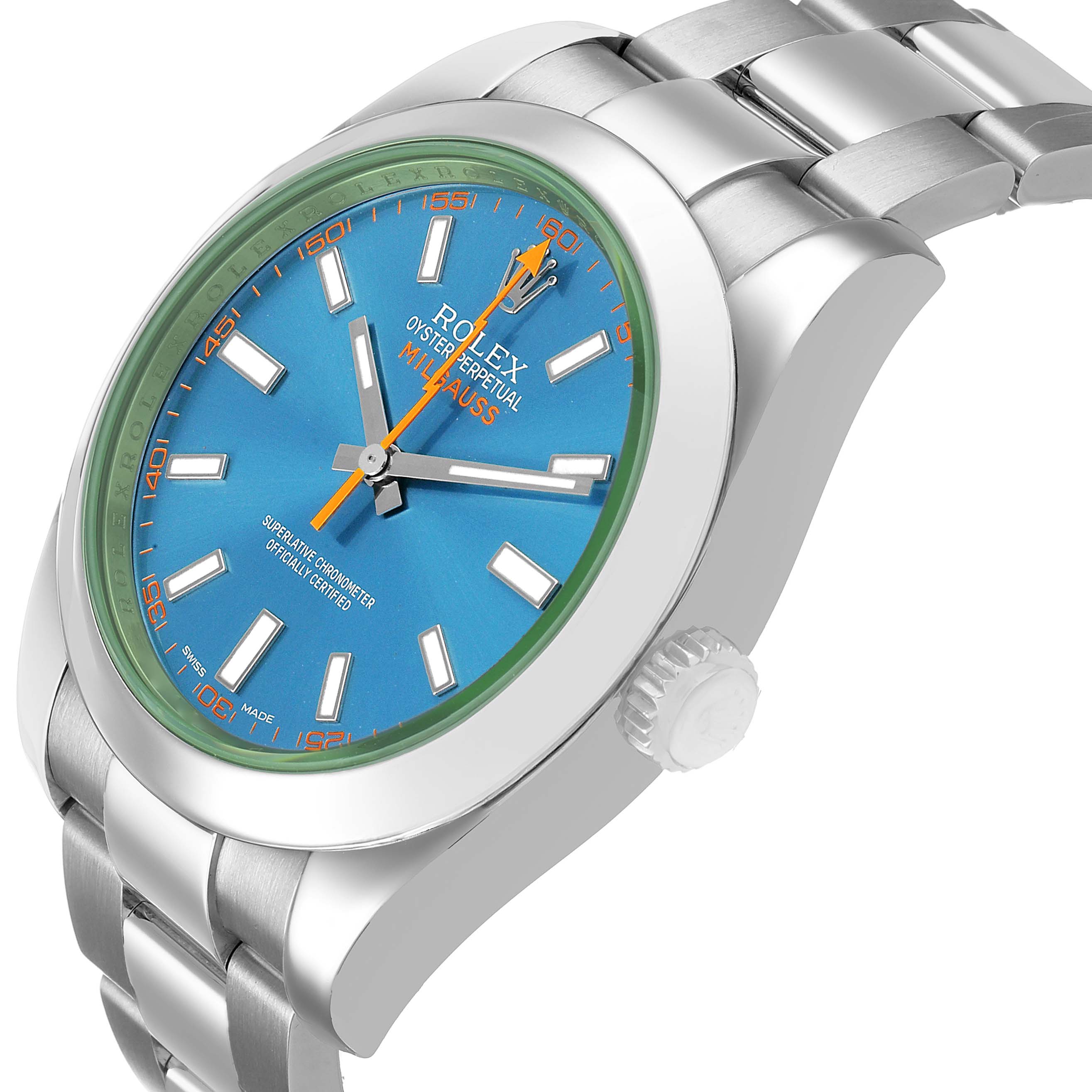 The Rolex Milgauss 116400 Men's Stainless Steel Blue Dial is shown at an angled view, displaying the dial, bezel, crown, and part of the bracelet.