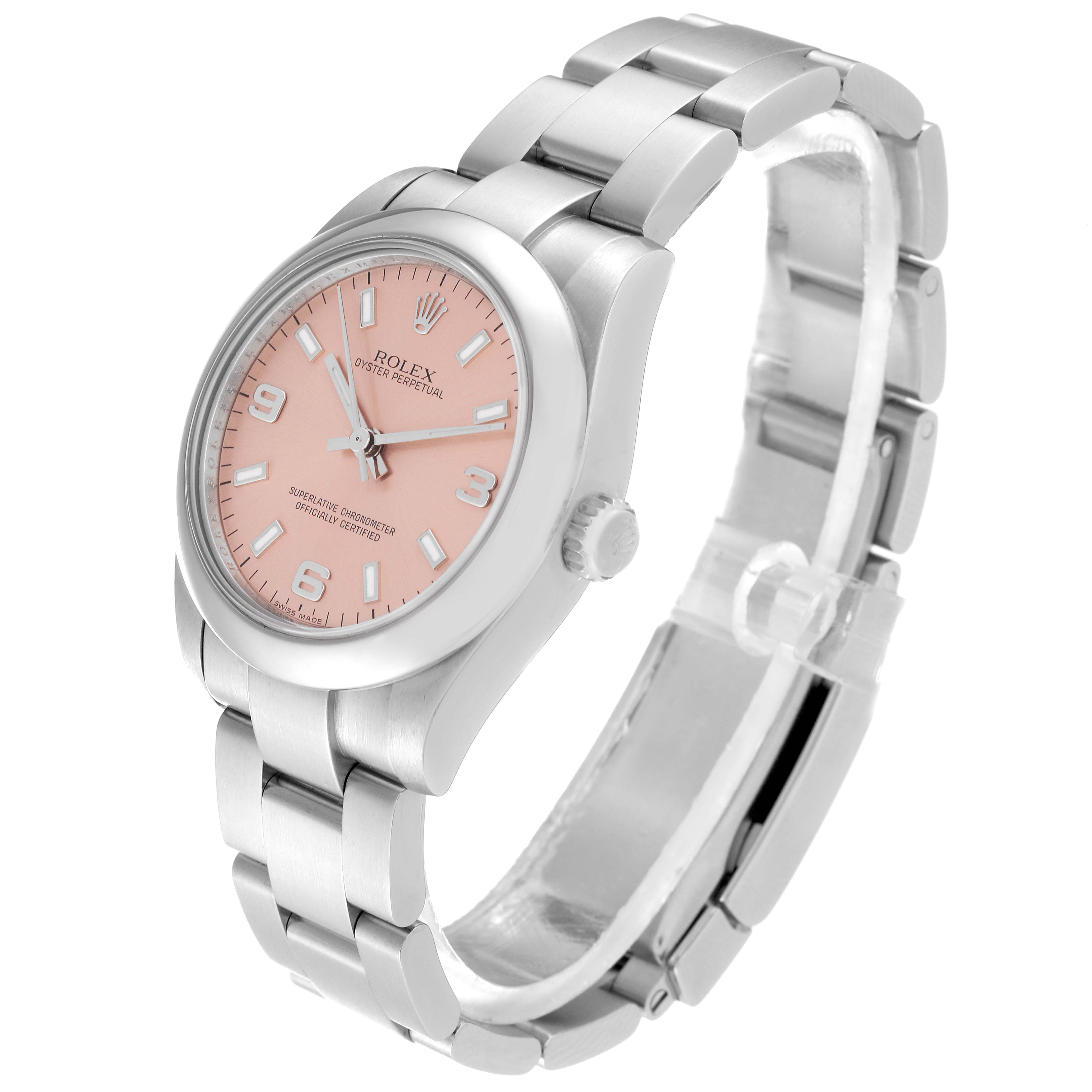 This image shows a Rolex Mid-Size 177200 Women's Stainless Steel Pink Dial 177200 Women's Stainless Steel Pink Dial model watch at an angle, highlighting the face, bezel, crown, and bracelet.