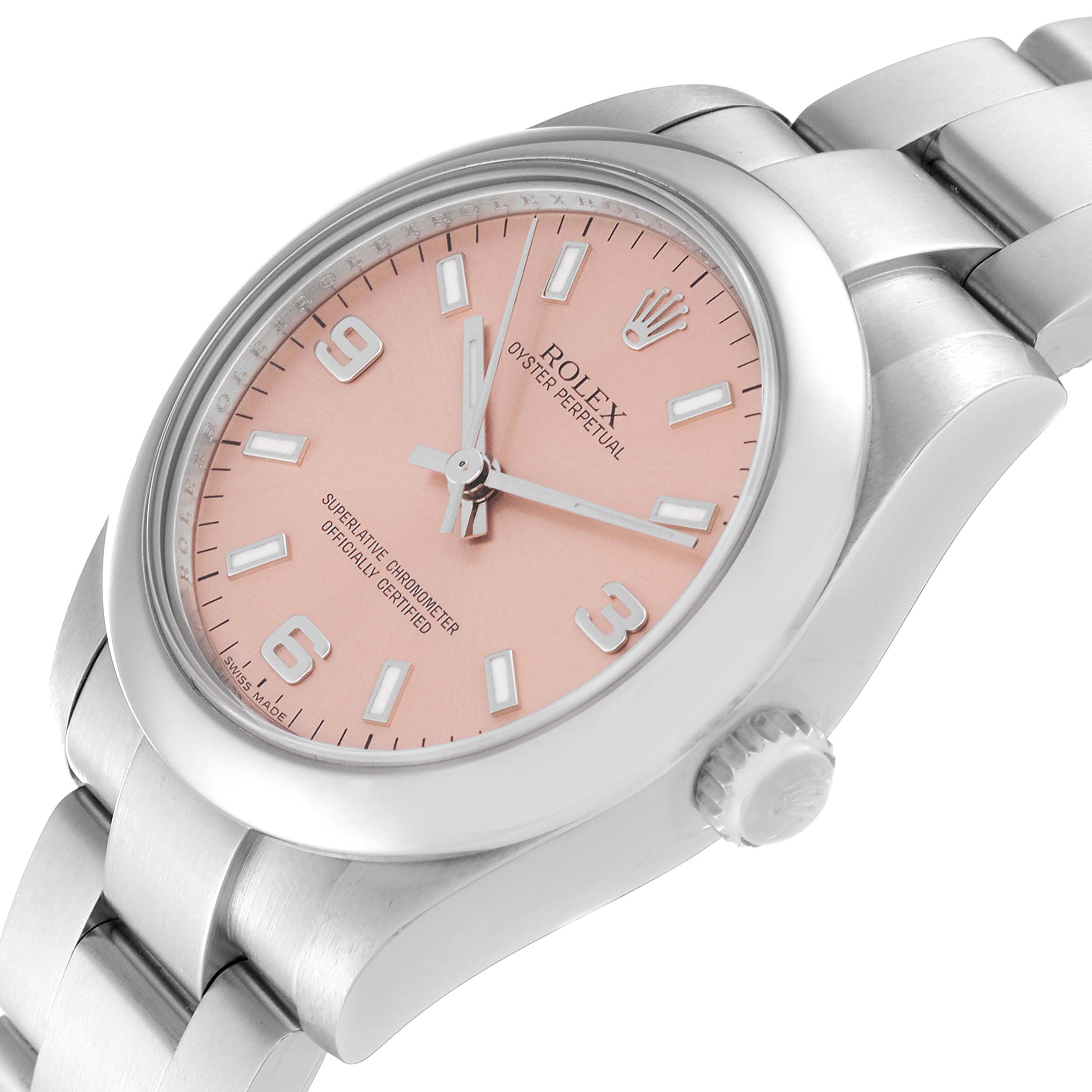 The image shows a Rolex Mid-Size 177200 Women's Stainless Steel Pink Dial 177200 Women's Stainless Steel Pink Dial Oyster Perpetual watch from a tilted front angle, highlighting its pink dial, case, and bracelet.