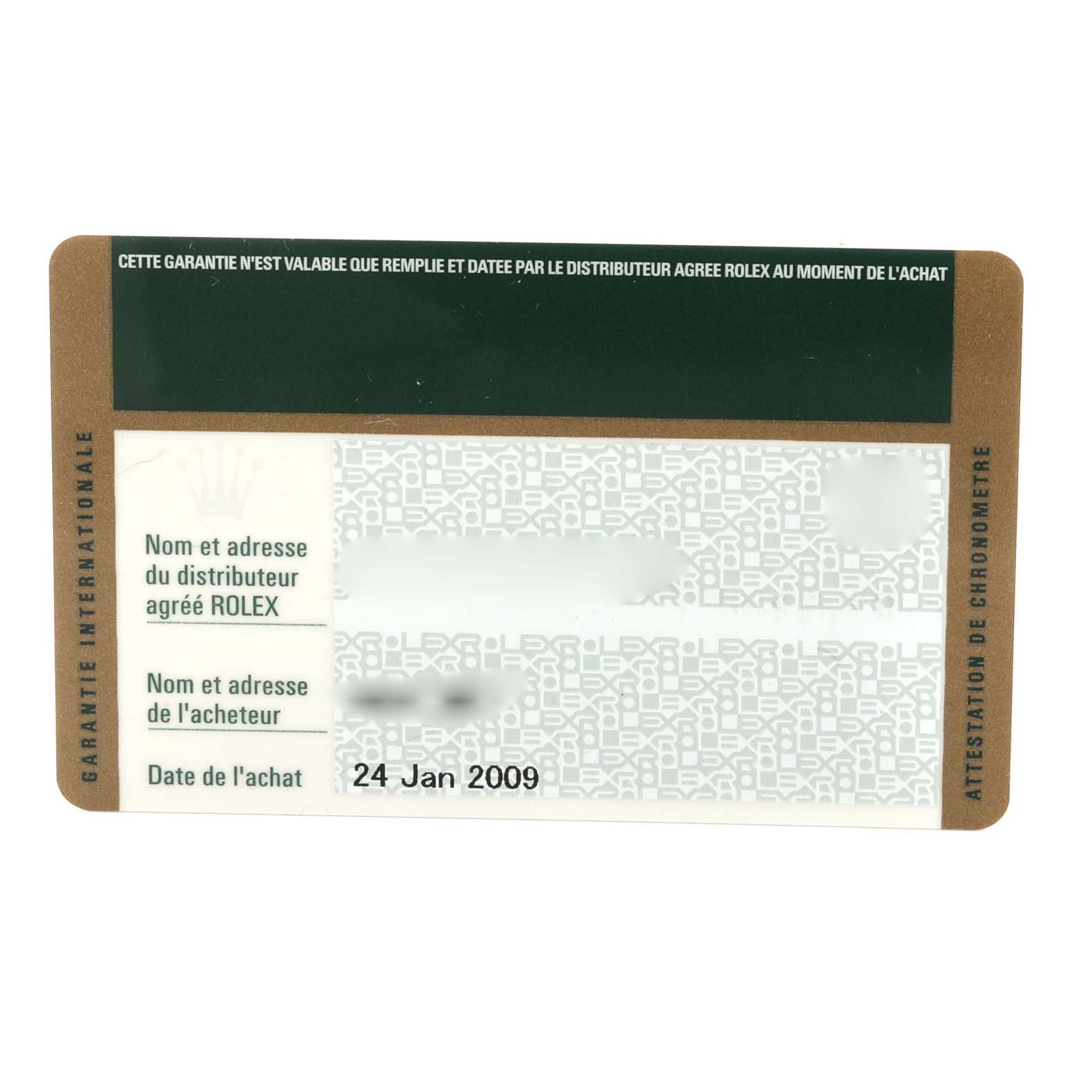 This image shows a Rolex warranty card for a Mid-Size model, providing authentication and purchase details.