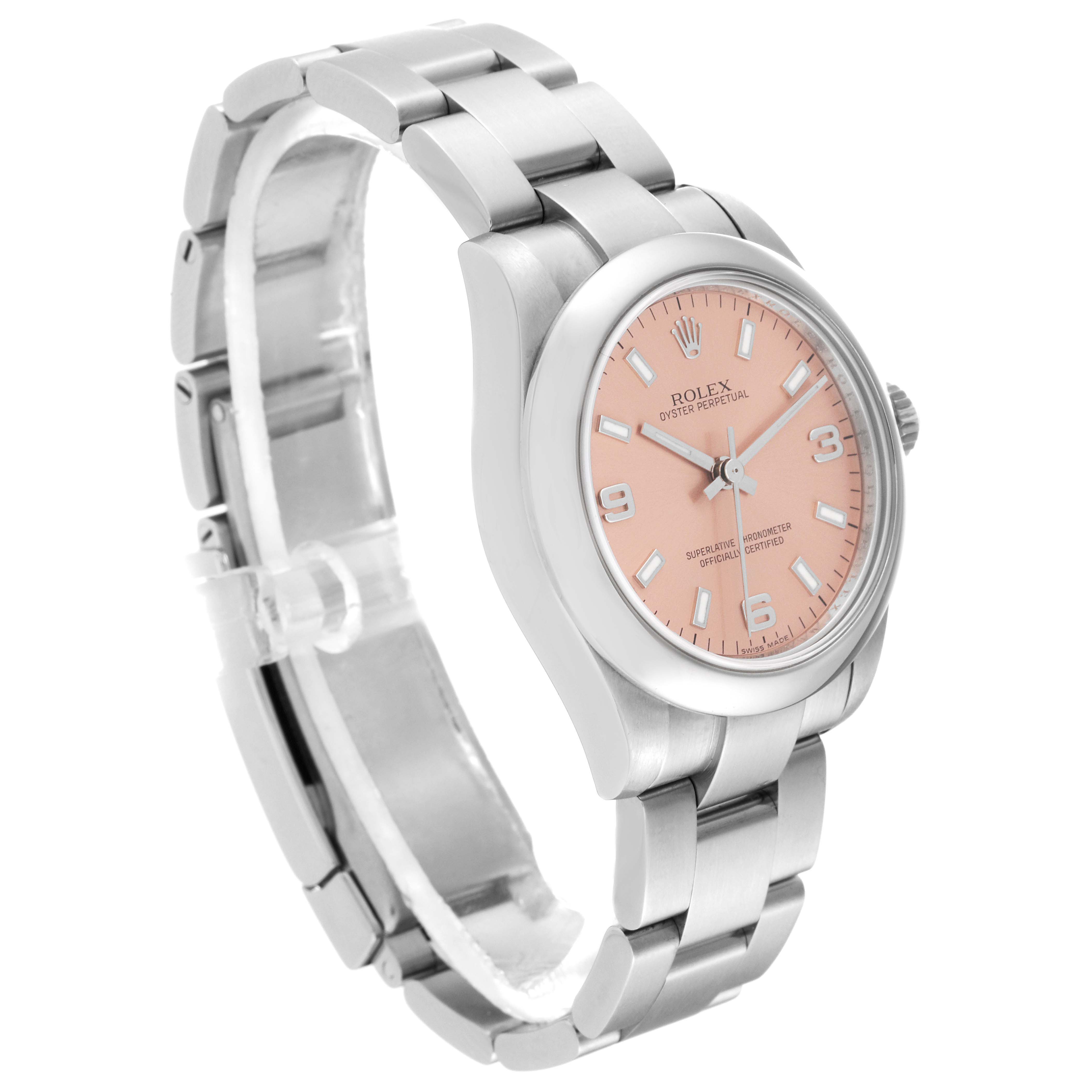 This image shows a Rolex Mid-Size 177200 Women's Stainless Steel Pink Dial 177200 Women's Stainless Steel Pink Dial model watch at a three-quarter angle, focusing on its bracelet and pink dial.