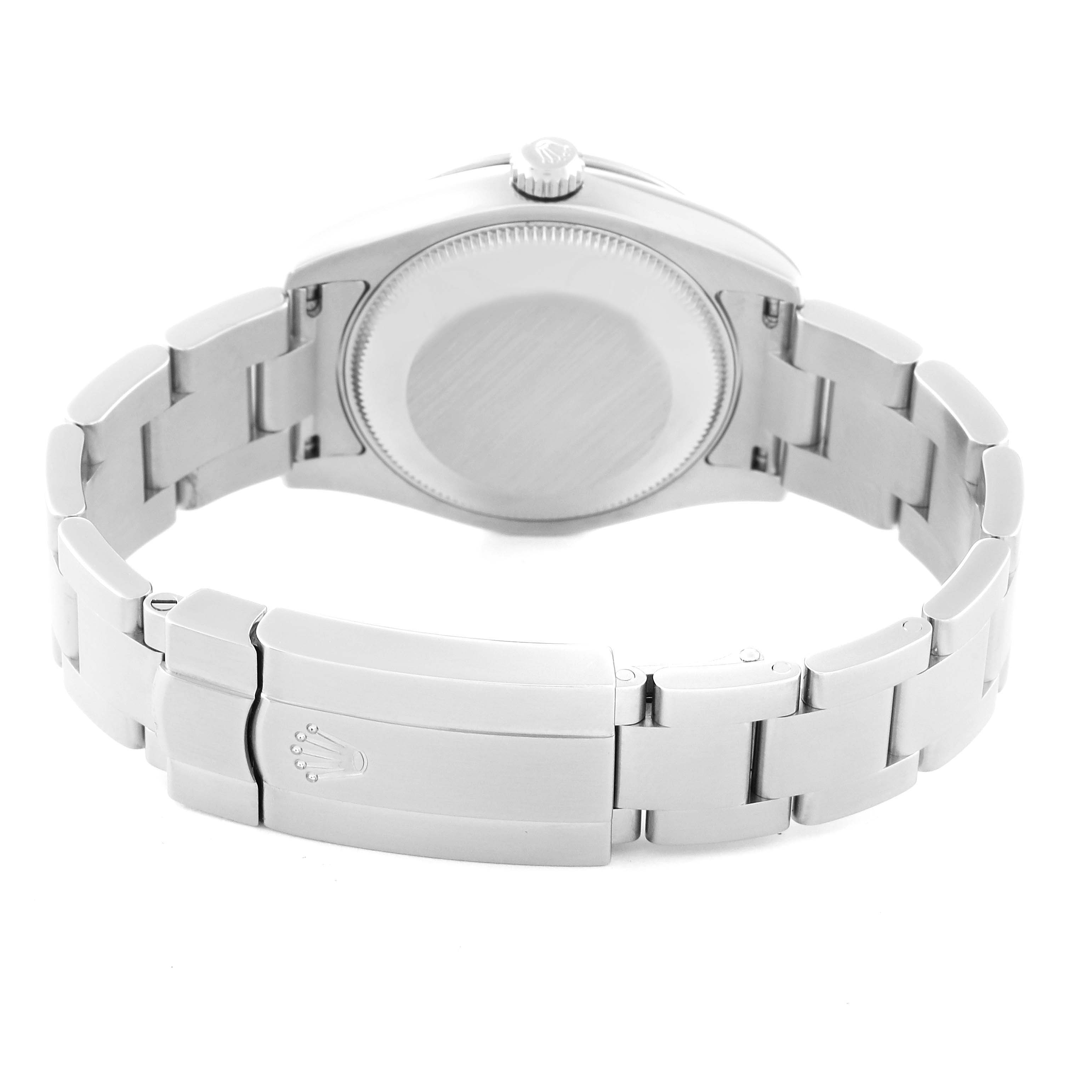 The image shows the back case and bracelet of the Mid-Size Rolex watch, viewed from the rear.