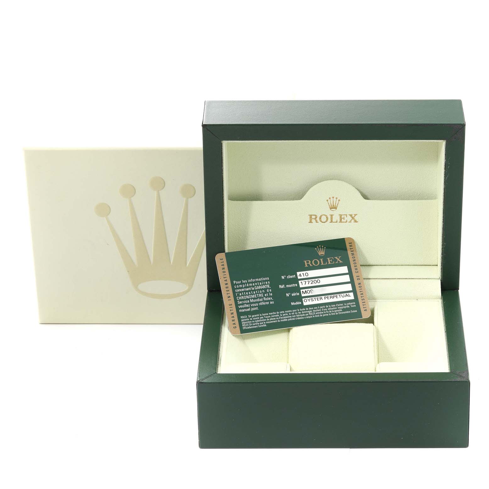 The image shows the Rolex Mid-Size 177200 Women's Stainless Steel Pink Dial 177200 Women's Stainless Steel Pink Dial watch box and authenticity card from a front angle.