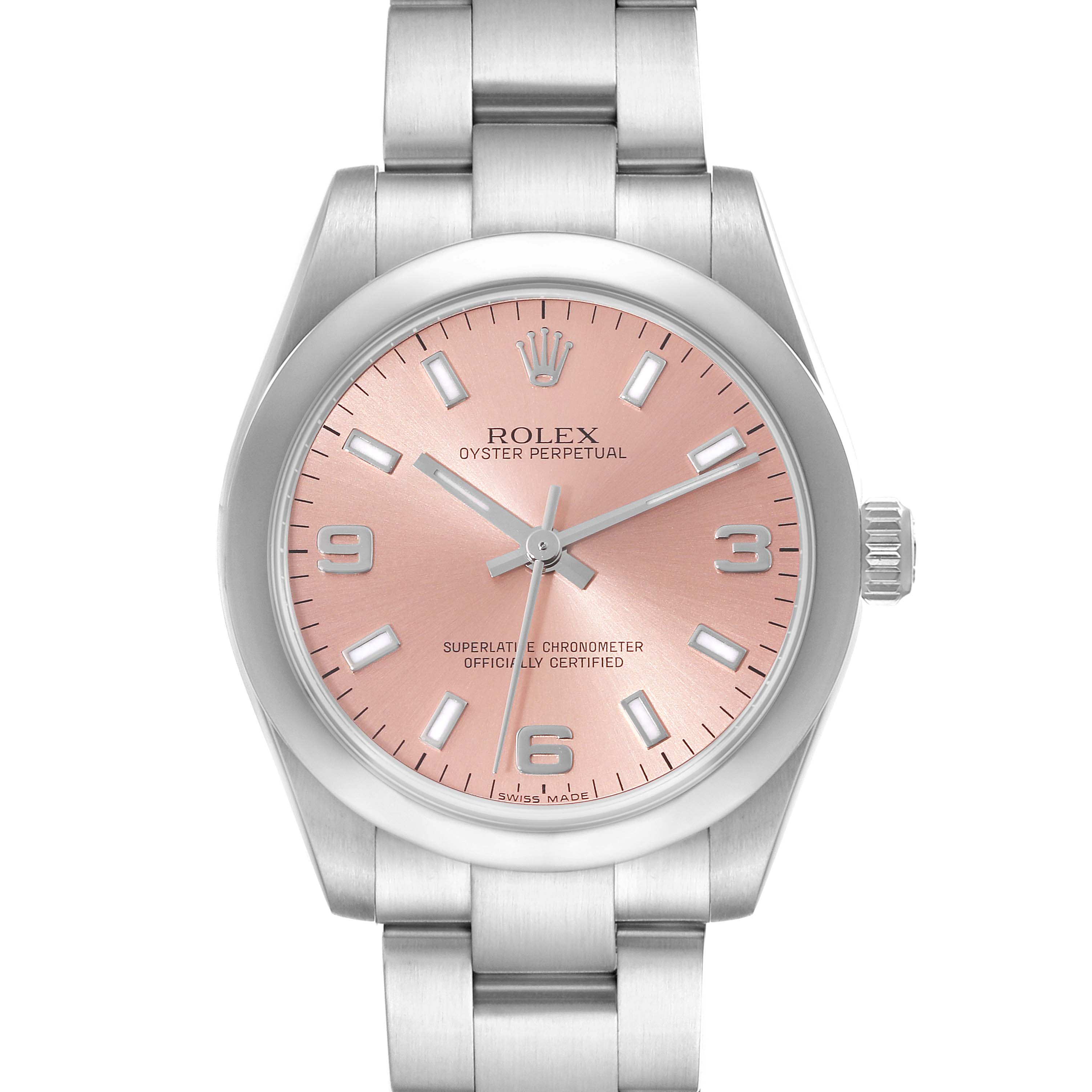 This image displays a front view of a Rolex Oyster Perpetual Mid-Size watch, showing the dial, hands, crown, and bracelet.