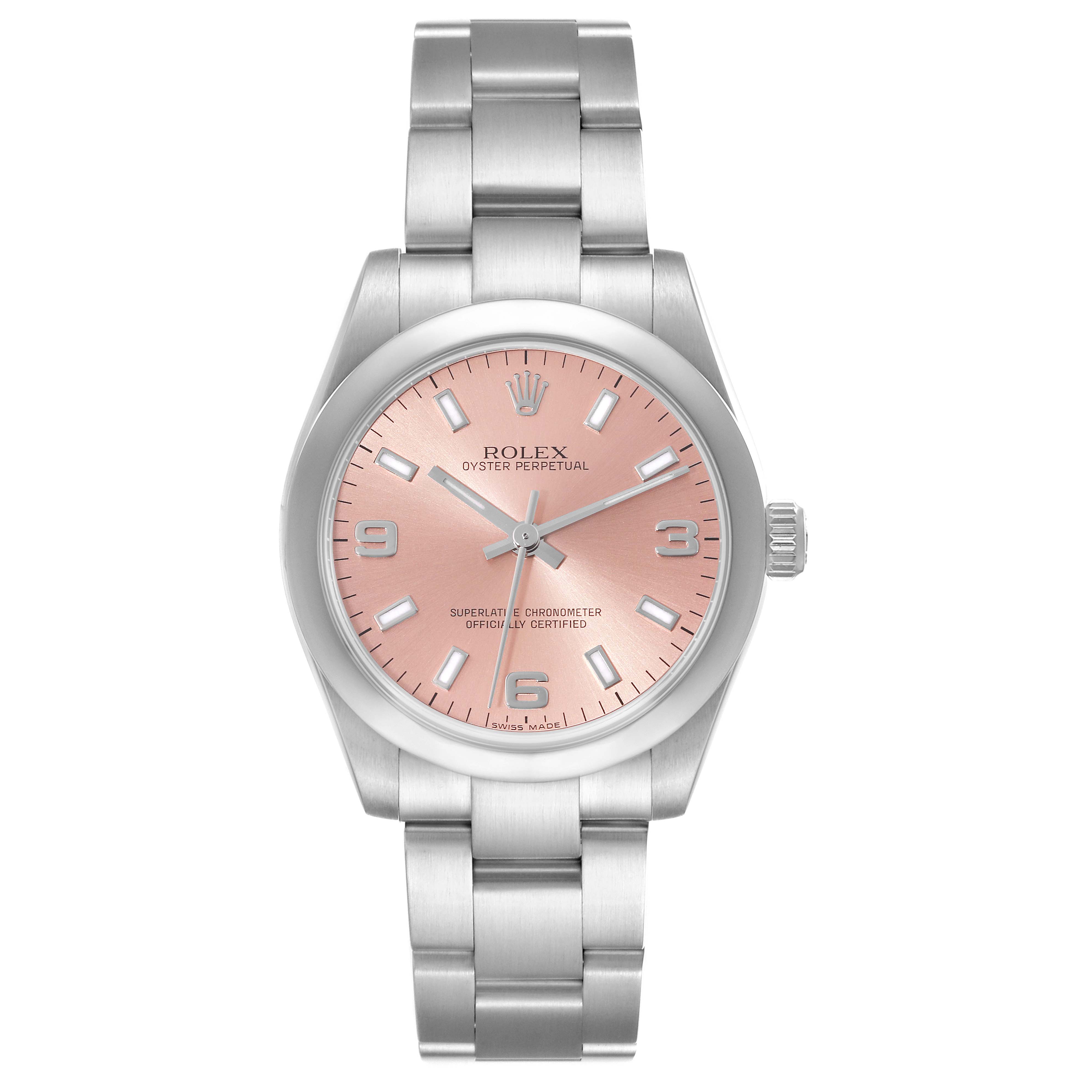 The image shows a front view of a Mid-Size Rolex Oyster Perpetual watch with a pink dial and stainless steel bracelet.