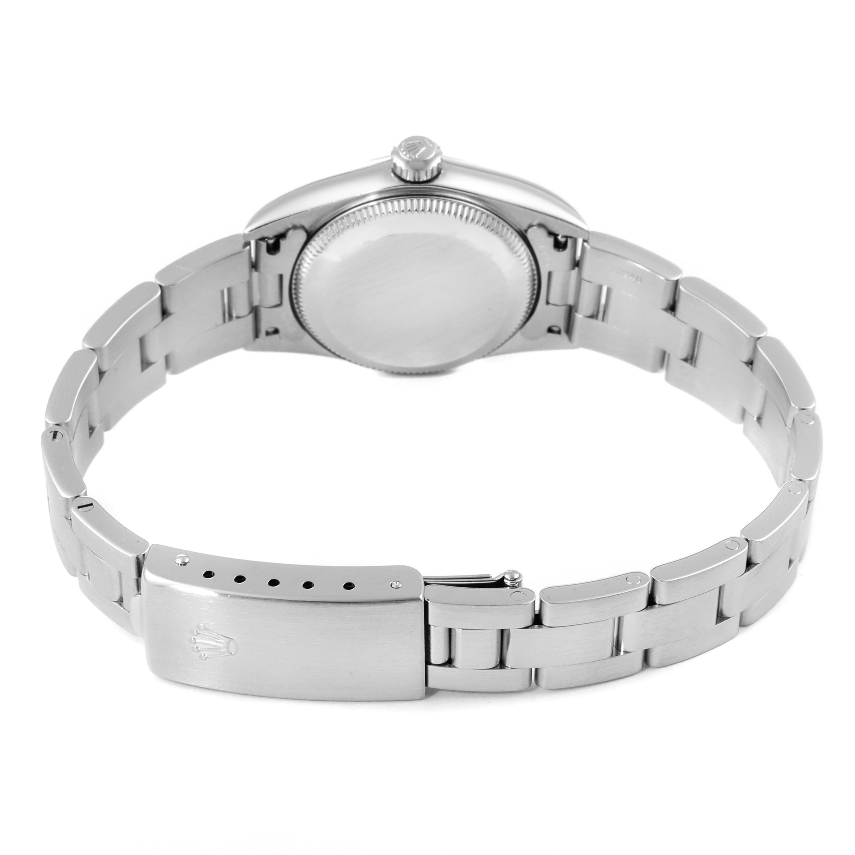 The image shows the back and clasp of a Rolex Oyster Perpetual 76080 Women's Stainless Steel Black Dial 76080 Women's Stainless Steel Black Dial watch, highlighting its case back, bracelet, and clasp.