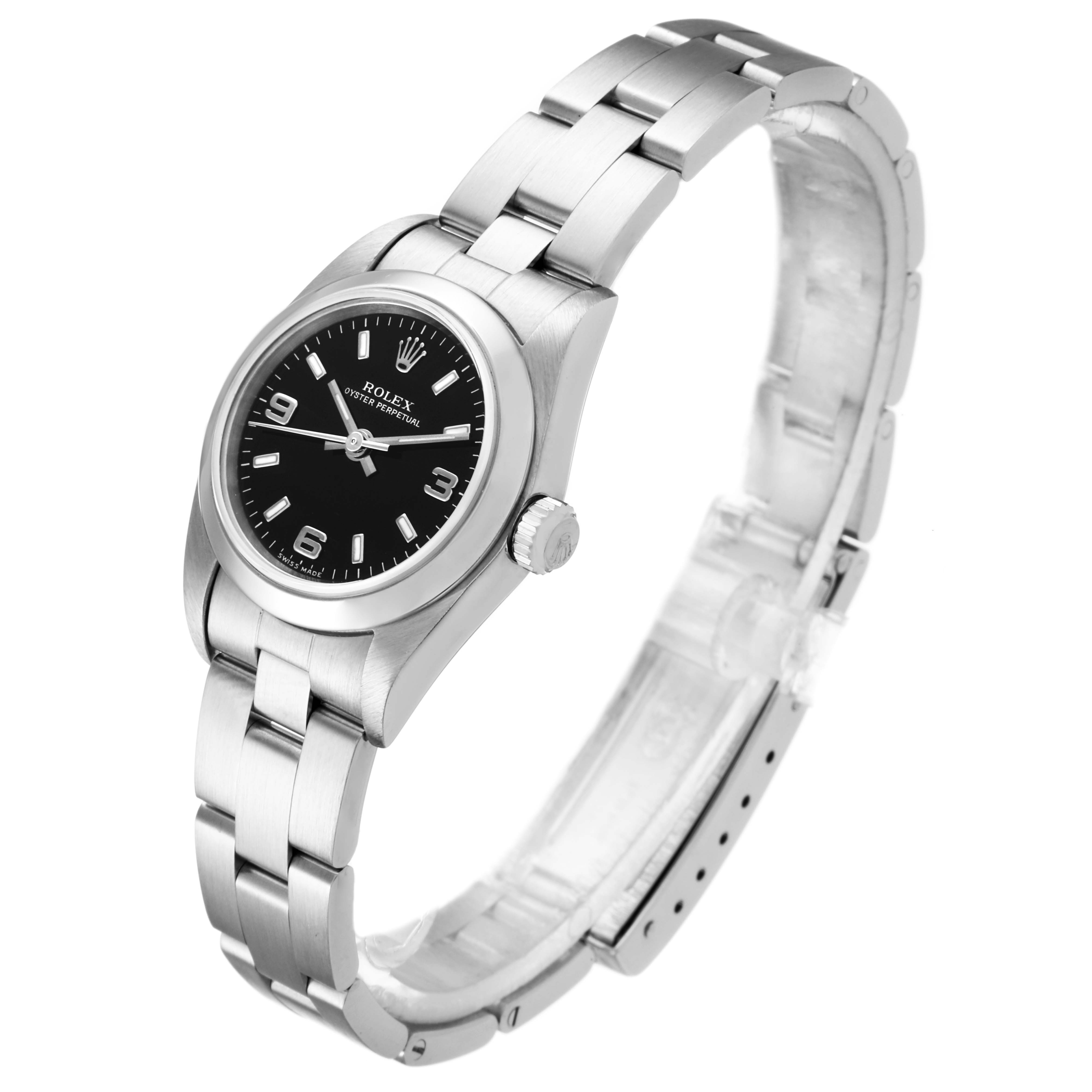 This image shows the Rolex Oyster Perpetual 76080 Women's Stainless Steel Black Dial 76080 Women's Stainless Steel Black Dial watch at an oblique angle, displaying the face, bezel, bracelet, and crown.