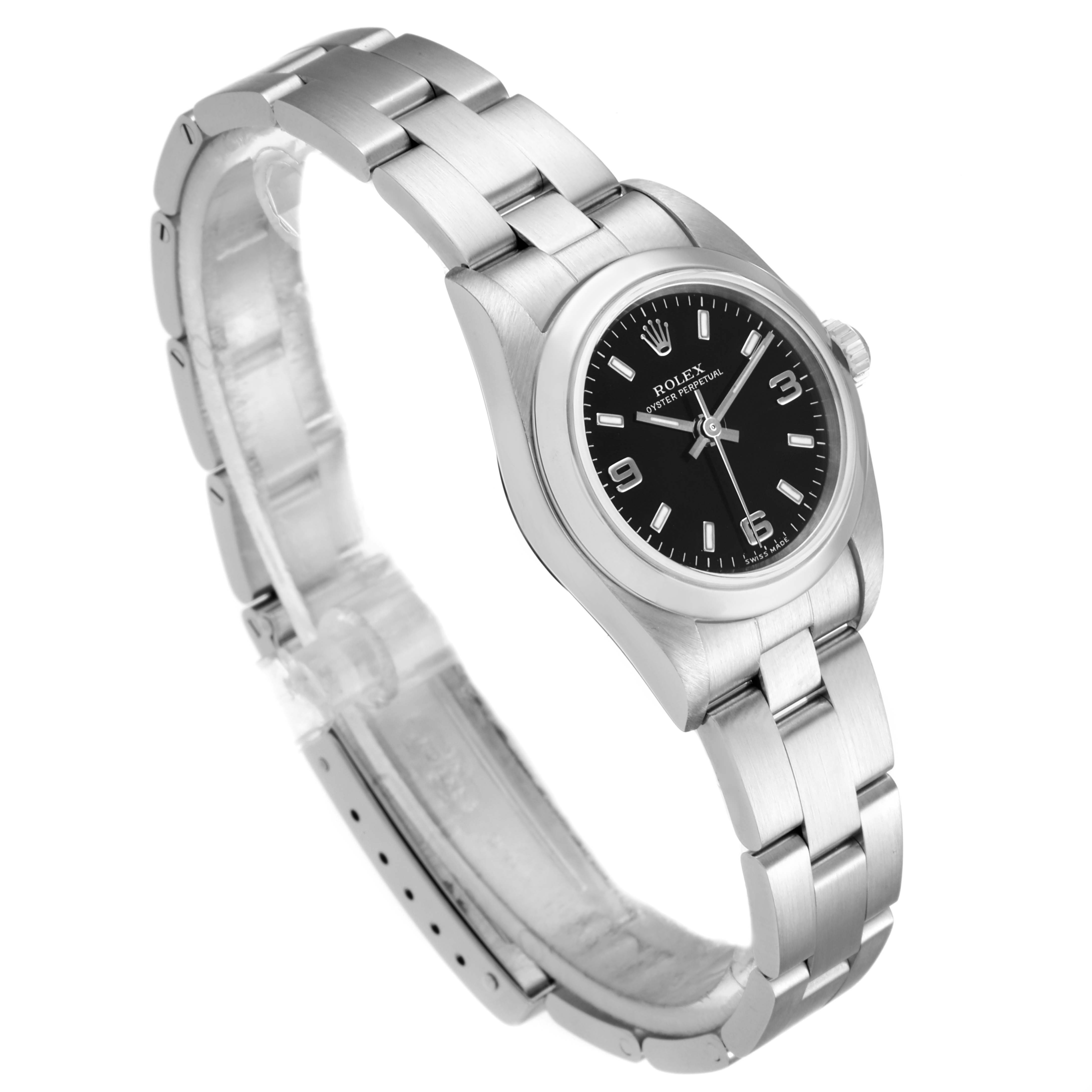 This image shows a side and slightly top view of the Rolex Oyster Perpetual 76080 Women's Stainless Steel Black Dial 76080 Women's Stainless Steel Black Dial watch, highlighting its bezel, dial, and bracelet.