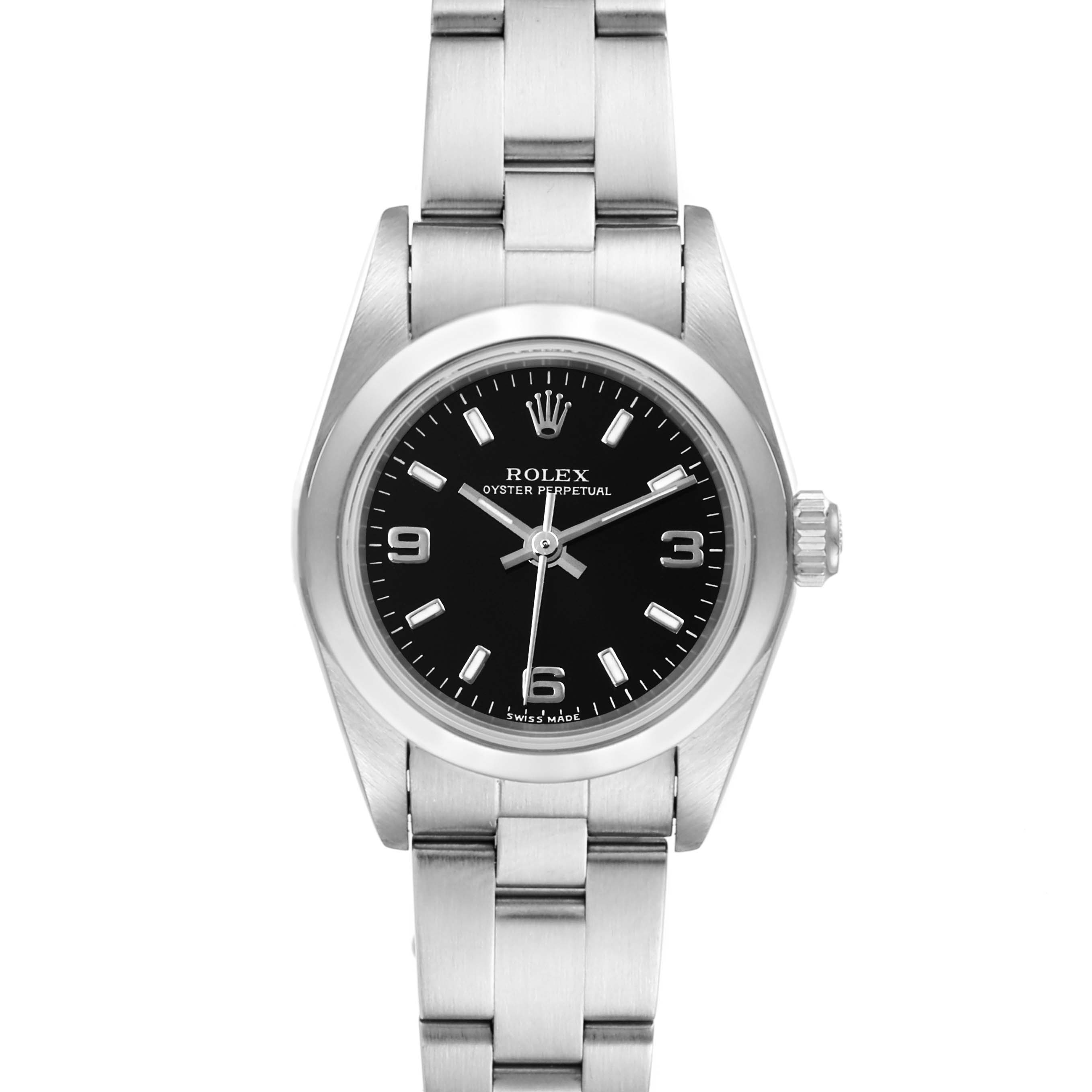 This image shows a front view of a Rolex Oyster Perpetual 76080 Women's Stainless Steel Black Dial 76080 Women's Stainless Steel Black Dial watch, featuring its face, bezel, and bracelet.