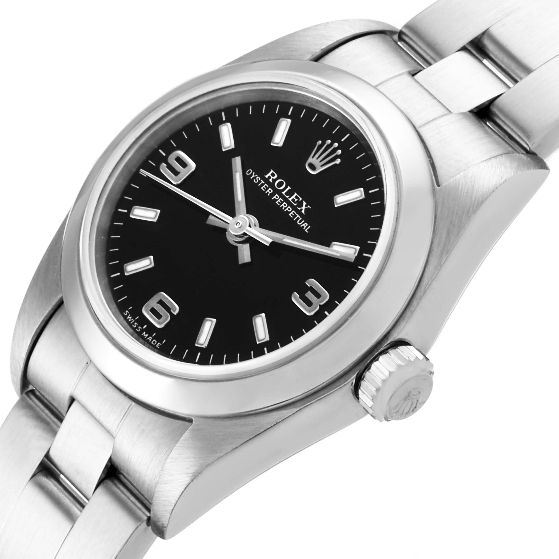 This image shows a close-up of the Rolex Oyster Perpetual 76080 Women's Stainless Steel Black Dial 76080 Women's Stainless Steel Black Dial watch, highlighting the dial, bezel, crown, and part of the bracelet.