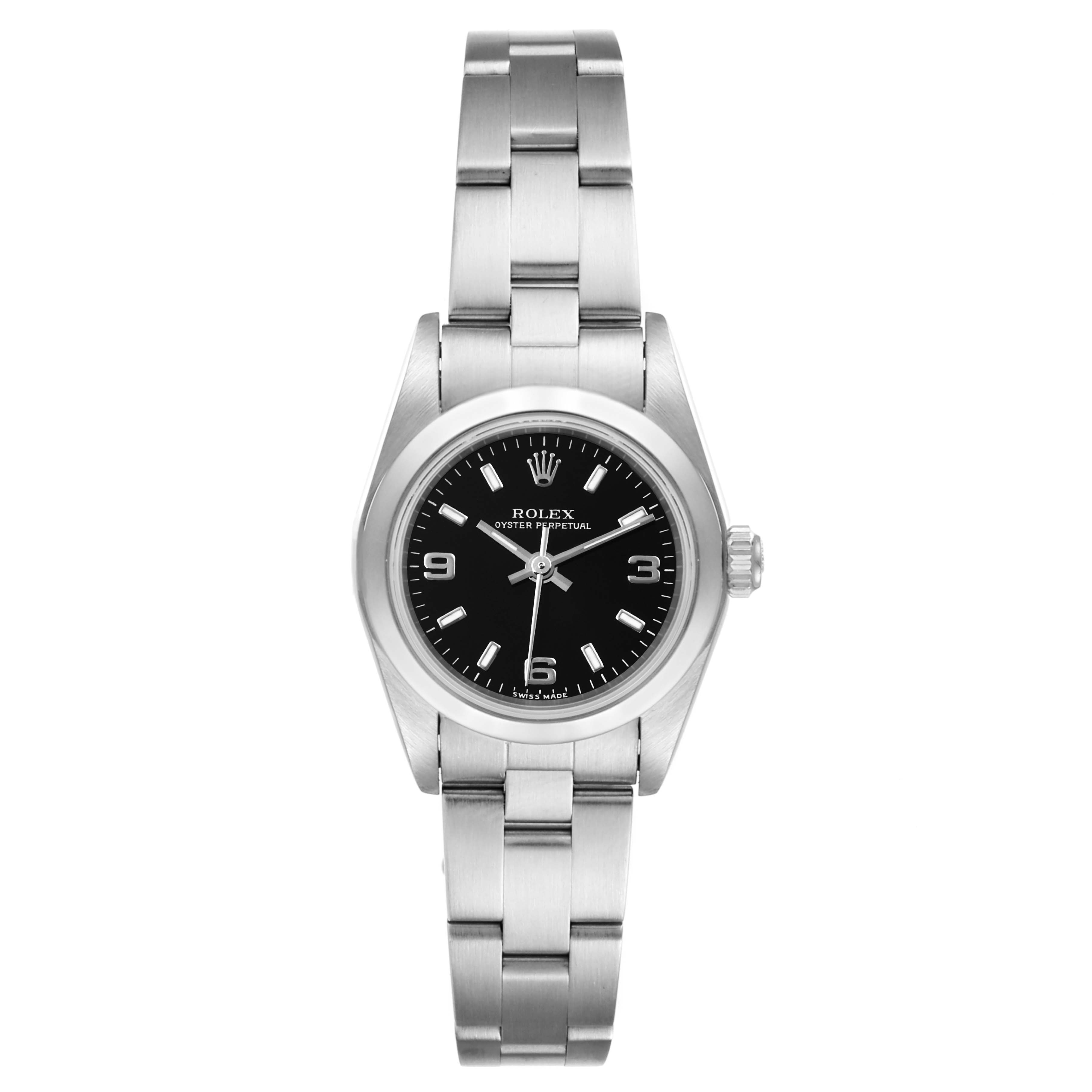The image shows a front view of a Rolex Oyster Perpetual 76080 Women's Stainless Steel Black Dial 76080 Women's Stainless Steel Black Dial watch with its bracelet, bezel, dial, and crown clearly visible.