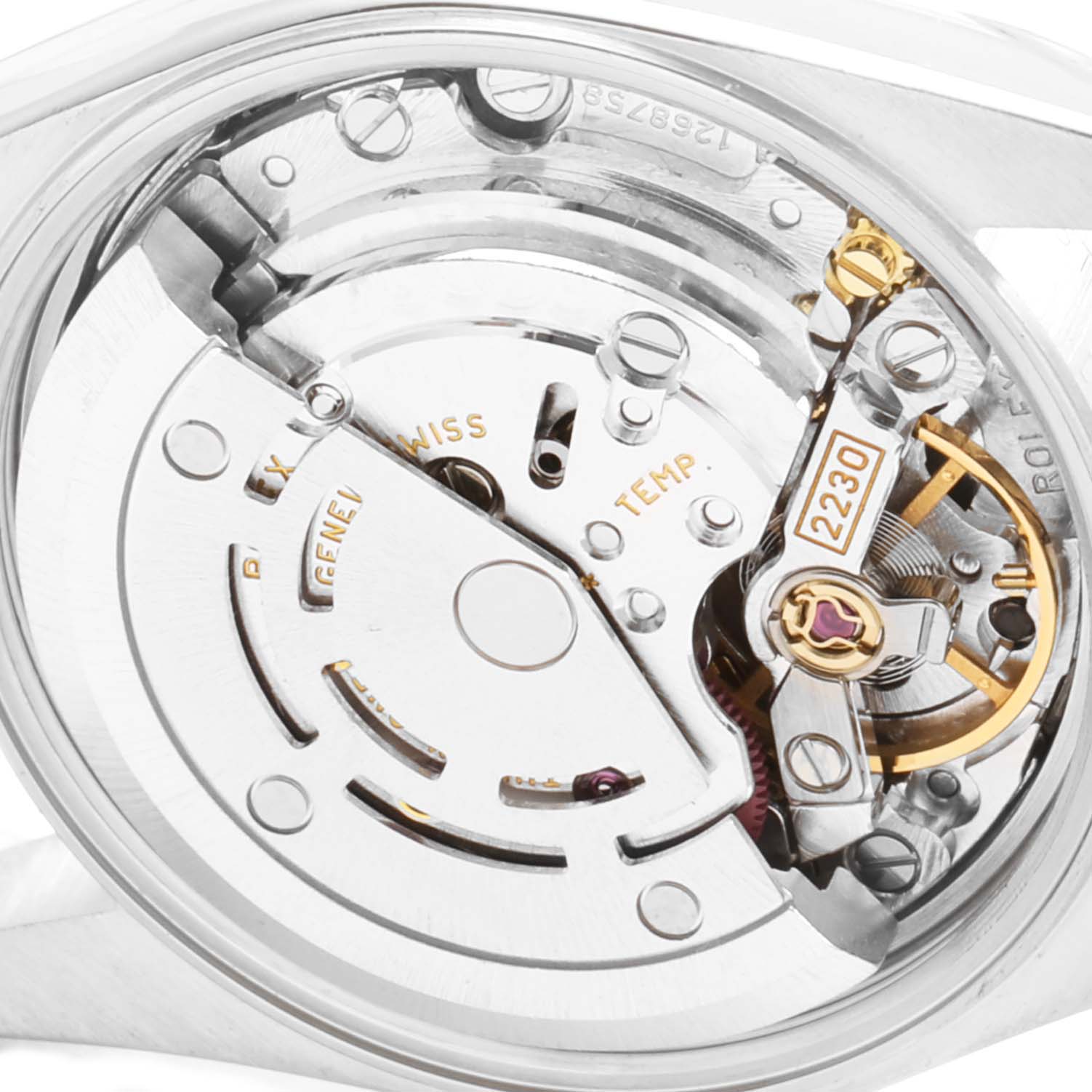 This image shows the internal mechanism and parts of a Rolex Oyster Perpetual 76080 Women's Stainless Steel Black Dial 76080 Women's Stainless Steel Black Dial watch from a detailed, close-up angle.