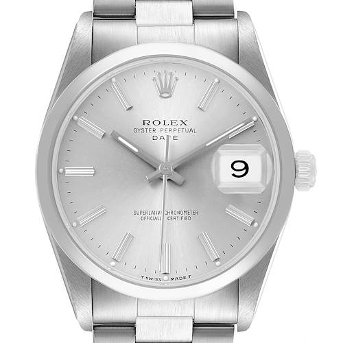 The Rolex Date 15200 Men's Stainless Steel Silver Dial watch is shown from the front, highlighting the dial, markers, hands, date window, and crown.