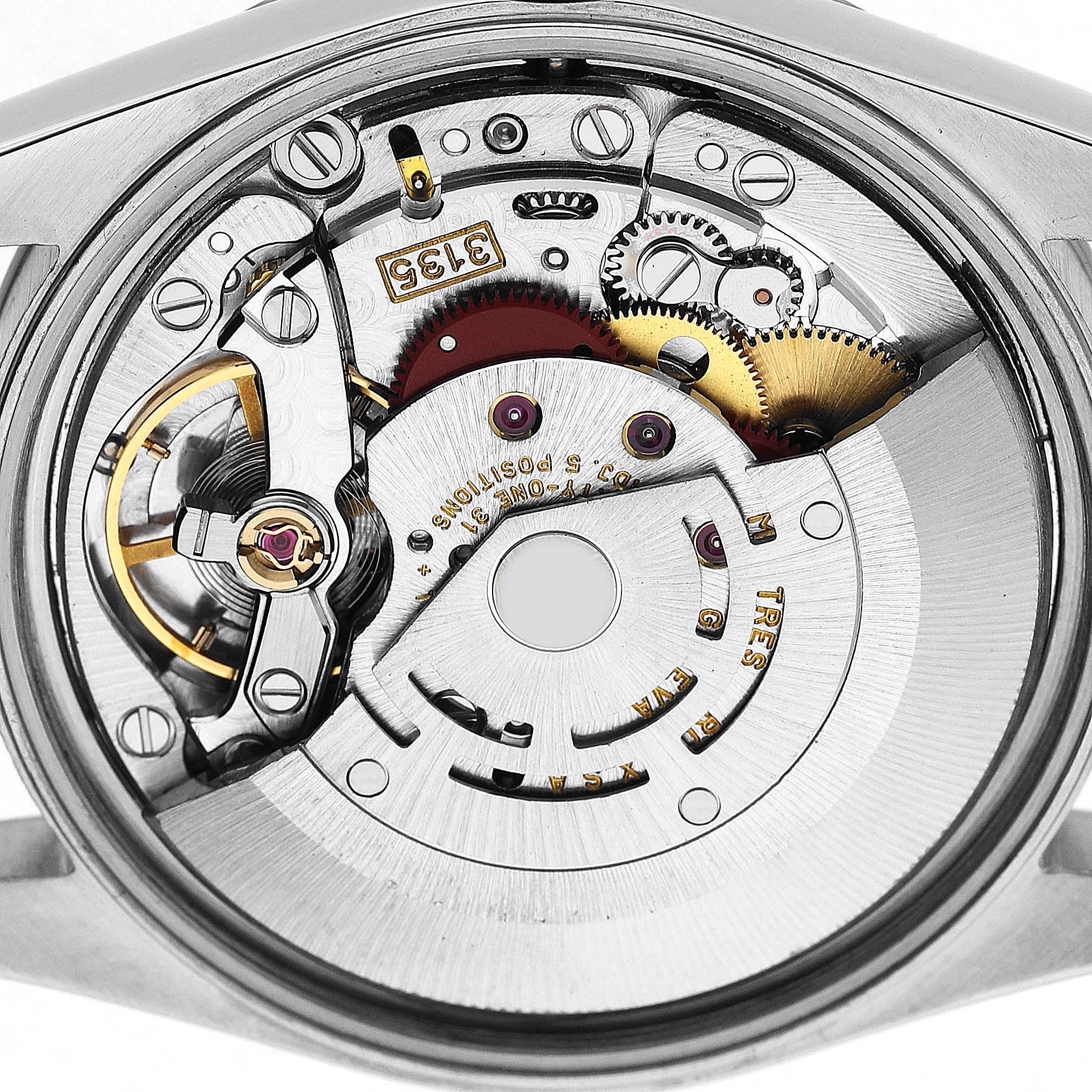 The image shows the exposed movement of a Rolex Date 15200 Men's Stainless Steel Silver Dial model from the back, highlighting gears and mechanical components.