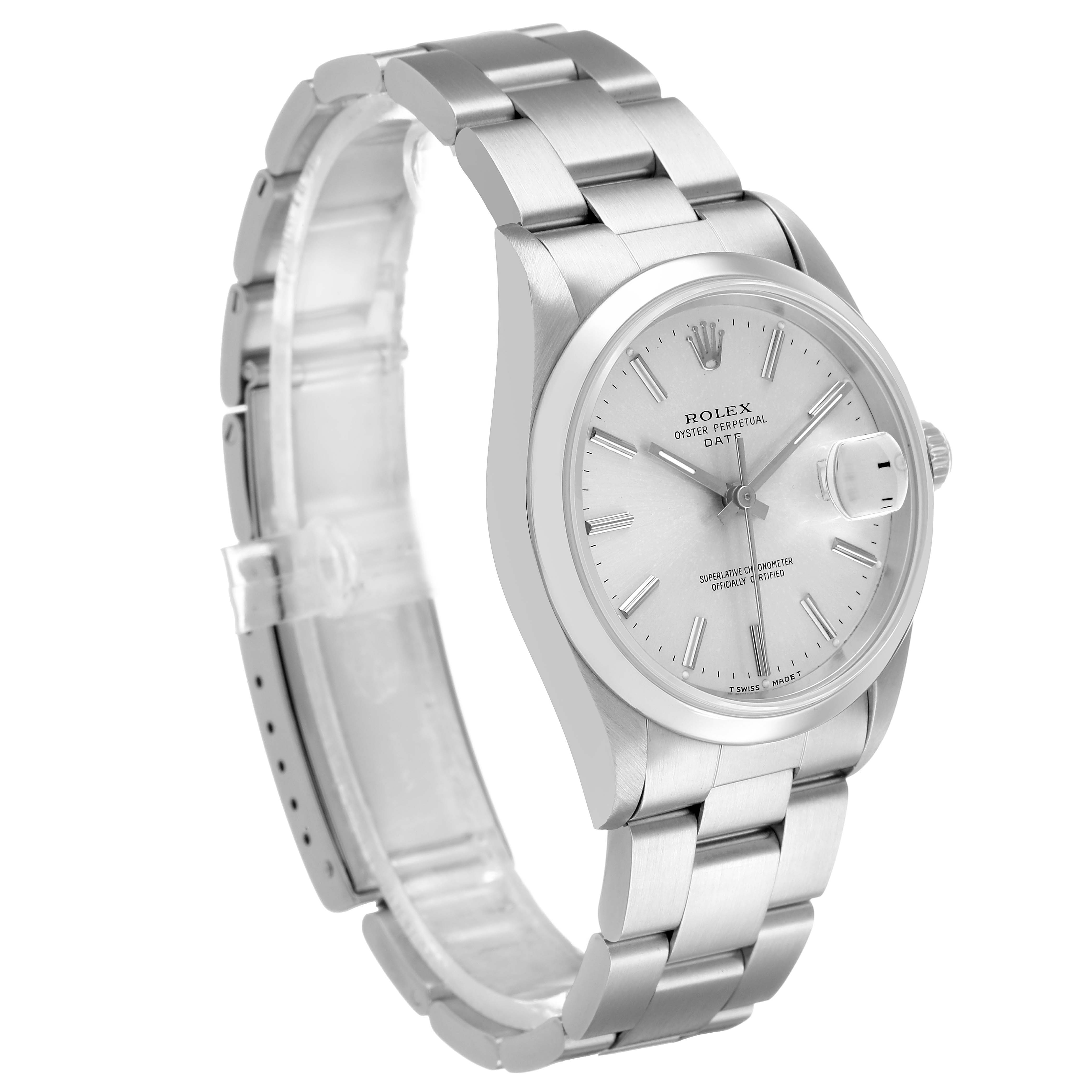 The Rolex Date 15200 Men's Stainless Steel Silver Dial model watch is shown at a three-quarter angle, displaying the dial, case, bracelet, and date magnifier.