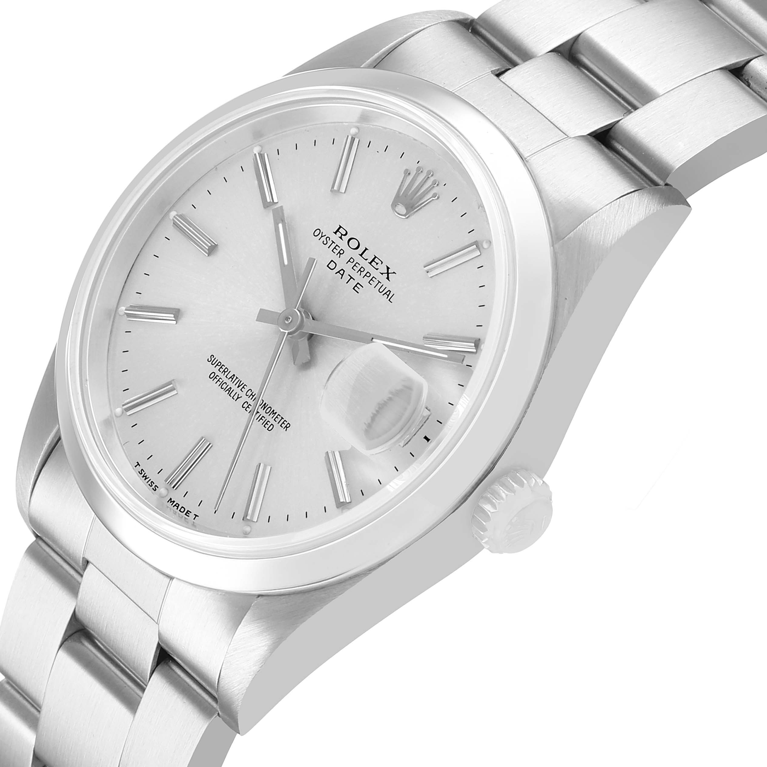 The Rolex Date 15200 Men's Stainless Steel Silver Dial watch is shown at a three-quarter angle displaying the face, bezel, crown, and part of the bracelet.