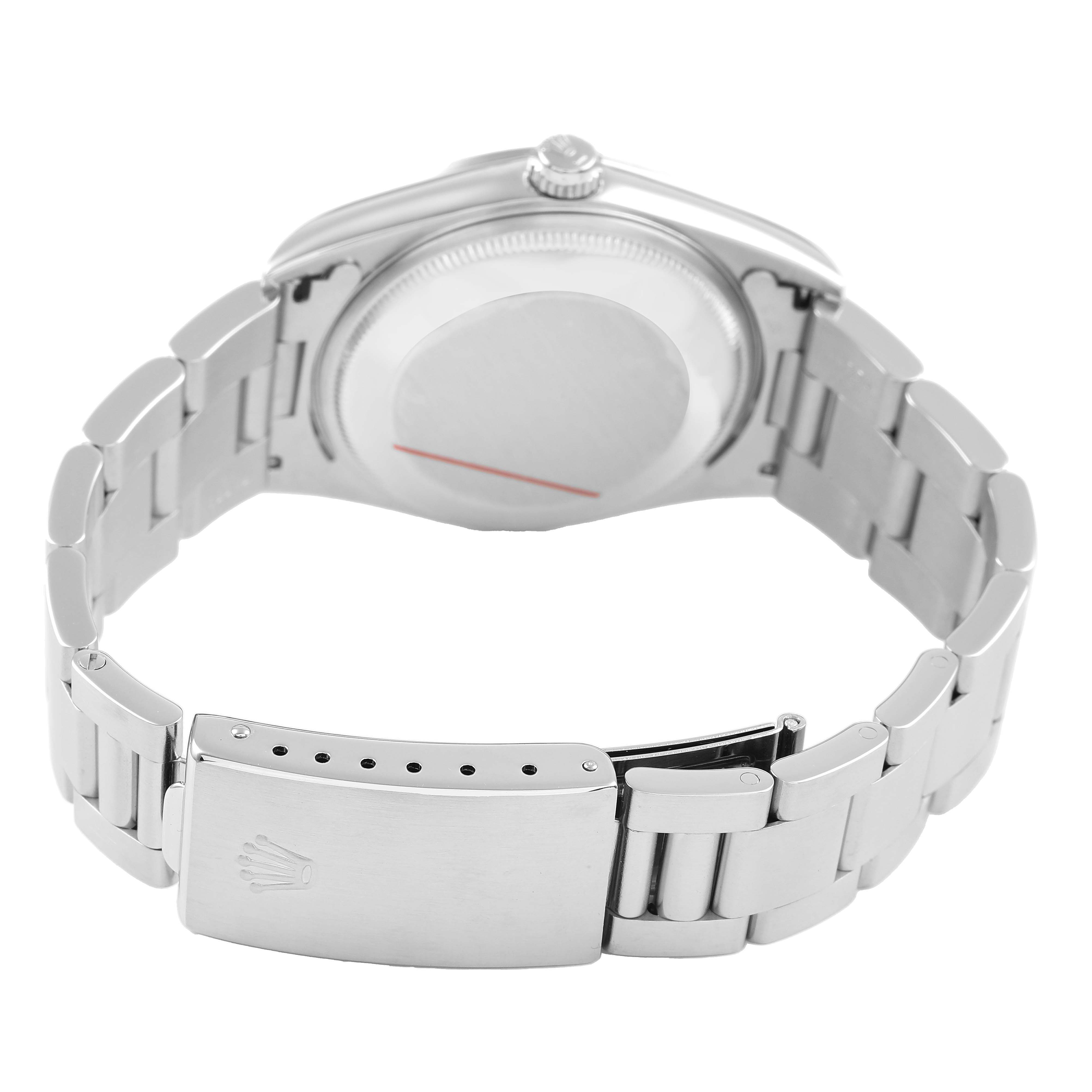 The image shows the back and bracelet clasp of a Rolex Date 15200 Men's Stainless Steel Silver Dial watch, viewed from behind.